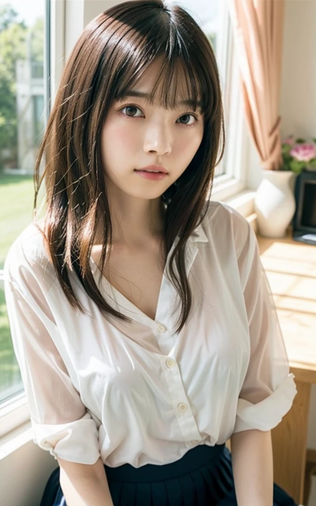 highest quality, 16k, 1 girl, 16, Raw photo, Depth of the bounds written、professional photography, soft light, professional lighting, alone, 笑face, close, face, close, cute, girly, goddess, delicate girl, pure beauty, Digital single-lens reflex camera, avert your eyes, Frank, Sophisticated, film grain, (目とfaceの詳細:1.0), long hair swaying in the wind, bangs, (White loose blouse、navy blue bra、The skin is transparent:1.2)、(pink pleated skirt:1.2)、(big breasts:1.4)、(cute hanging eyes)、(Seaside Office)、(You can see the ocean from the window)、(I'm sitting by the window:1.0)、(You are operating a computer:1.0)