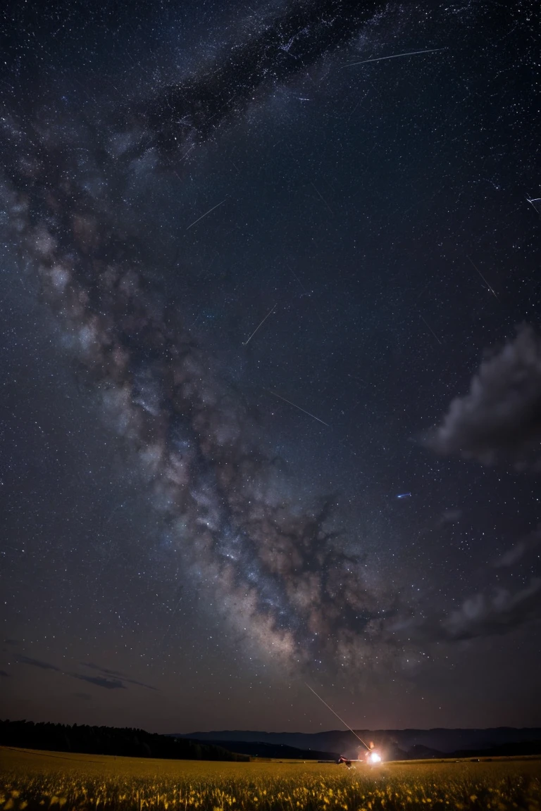 1girl, (zoomed out:1.1), (meteor shower:1.2), (comet:1.1), your name, low angle, from behind, aroura borealis, shooting star, cherry blossoms, standing in a field,best quality, masterpiece, cloud,colorful, starry,stars,