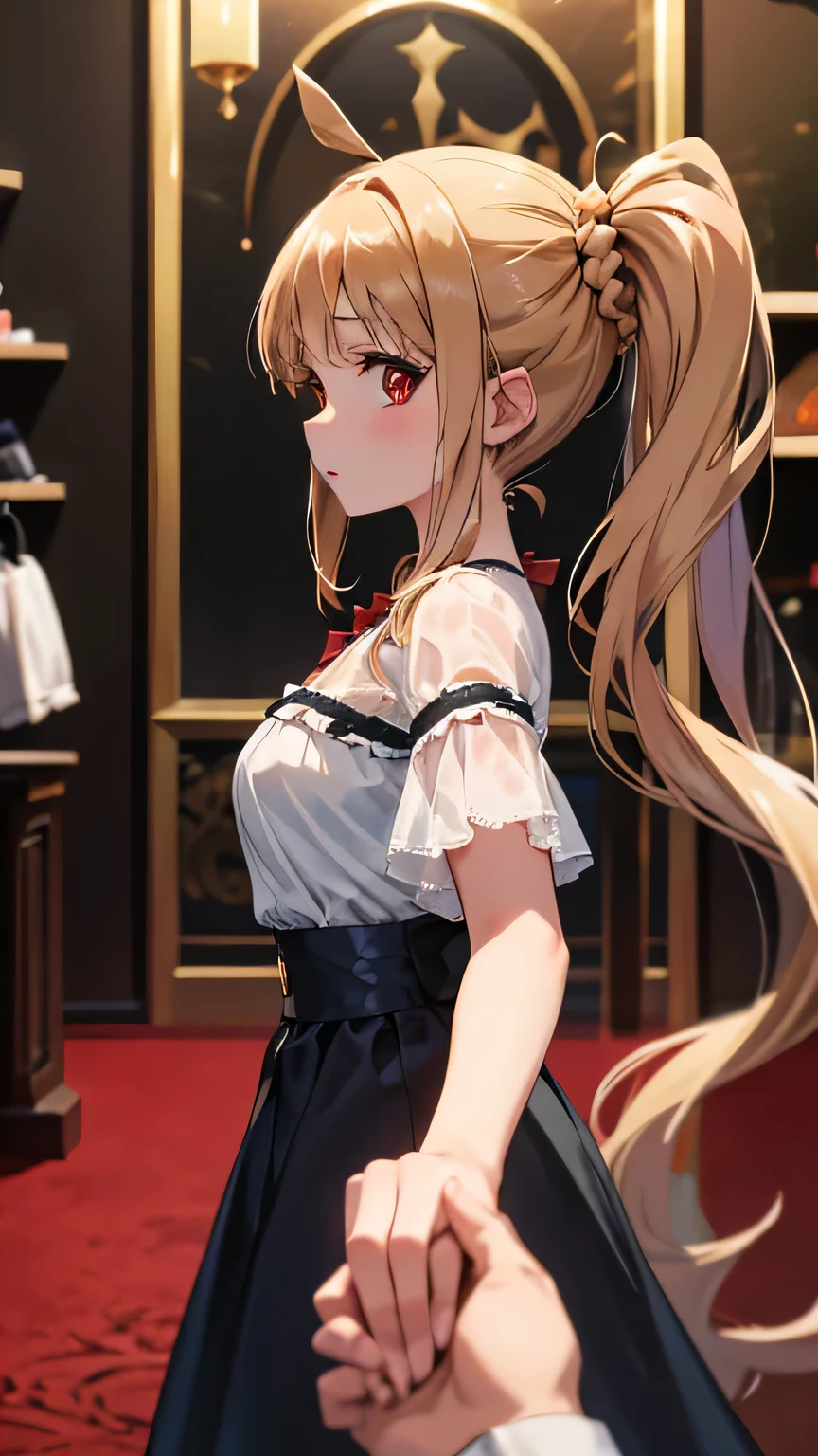 Highly detailed, High Quality, Masterpiece, beautiful, (detailed background: Department store) 1girl, IncrsHoldingHandsPov, pov hands, from side,  ijichi nijika, red eyes,looking at viewer,  long hair, red eyes,side ponytail, casual clothes