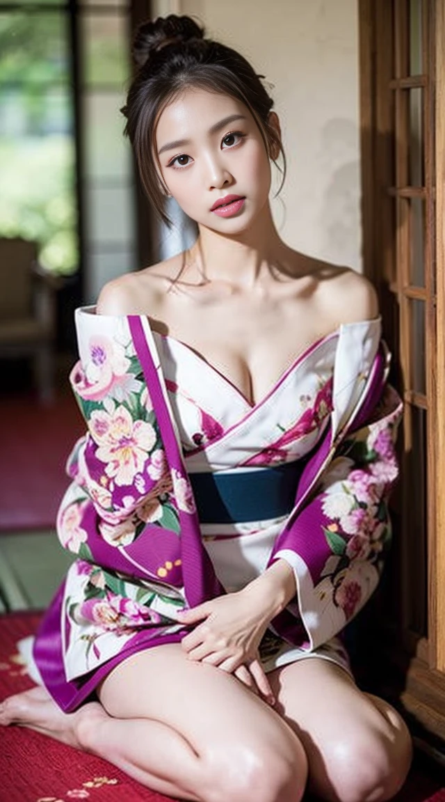 dark brown hair、light brown eyes、Japanese actress face、 lady、I'Iは彼とIが好きです'I'Iは40歳くらいです.、(intricate details:1.2)、(which one is the top?:1.4)、 (ultra high resolution:1.2)、ultra high resolution、(finely tuned)、(detailed facial features)、nffsw、8K resolution、D cup size breasts、long hair、up hairstyle, up hair、bun hair、1 girl, A look of deep sadness, (Highly detailed beautiful face), (Orchid style beautiful and cute floral kimono:1.5), (One bare shoulder:1.3), (highest quality:1.4), (Super detailed)、beautiful fair skin, sitting, open your mouth a little、Legs visible through kimono、弱さPause、obscene Pause、japanese kimono、kimono、put your hands on the floor、barefoot、Crescent moon shining in the night sky in the background、Holding a red rose in your hand、Draw a silhouette、leaning against the wall、please bend your legs、black pink jenny'Pause、leaning against the wall、Sit with your legs to the side、Angle from below、
