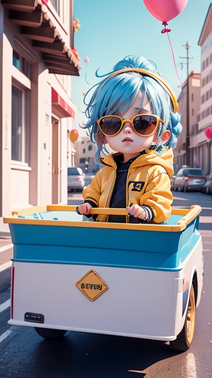 boys, cute and adorable, Wearing blue sunglasses, yellow jacket, white sweatshirt, lots of colorful balloons, , chibi style, red and blue two-color hair, Braided ponytail, Eyes with perfect details, delicate face, CG perfeita, HD quality, Colorful balloons, Heaven, a white truck parked in front of a building, --automatic