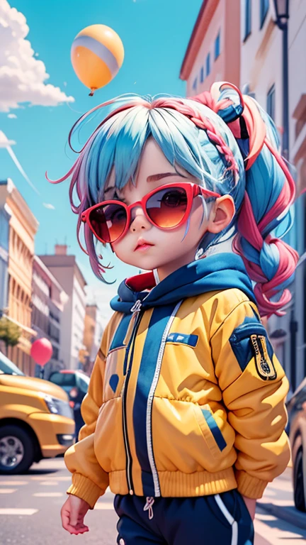 boys, cute and adorable, Wearing blue sunglasses, yellow jacket, white sweatshirt, lots of colorful balloons, baby face, chibi style, red and blue two-color hair, Braided ponytail, Eyes with perfect details, delicate face, CG perfeita, HD quality, Colorful balloons, Heaven, a white truck parked in front of a building, --automatic