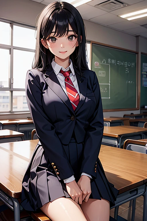 1 beautiful girl, Korean high school student, black hair, long silky hair, black eyes, thin lips, round face, big bust covered by a Korean school suit, tie tied around her neck, high school skirt, sitting on top of the desk, inside a empty classroom, captivating eyes, affectionate smile, alone in class, detailed art, morning setting