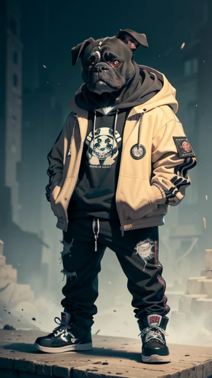 C4tt4stic, Cartoon black bulldog wearing jacket and skateboard