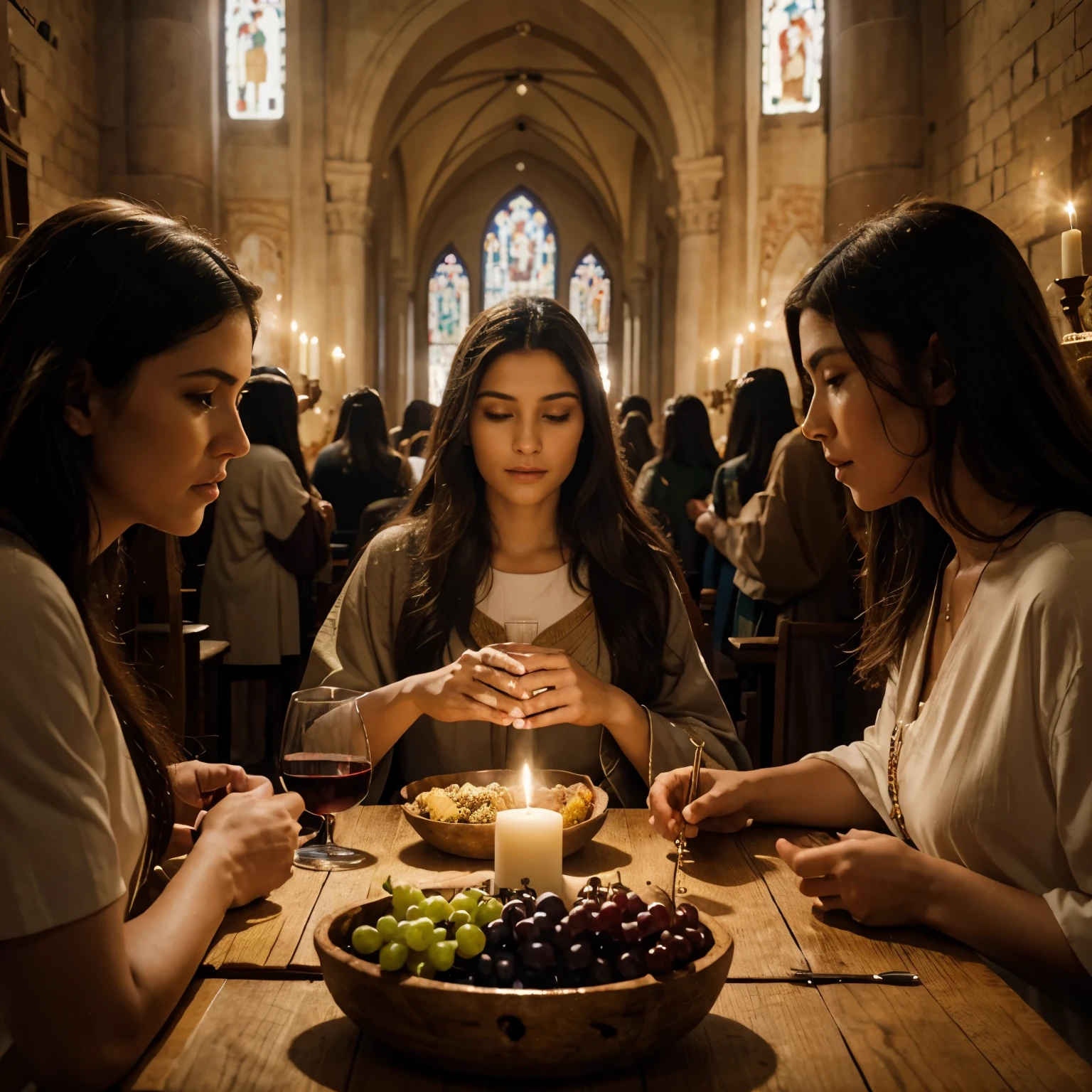 (best quality,highres,photorealistic),3D rendering,symbolic religious painting,traditional art,fine craftsmanship,detailed depiction,sacred atmosphere,historical scene,saints seated at a long table,diverse group of disciples,elegant design,elaborate drapery,expressive faces,soft lighting,heavenly glow,sombre color palette,faithful representation,holy moment,central figure of Jesus Christ,surrounded by twelve apostles,Jesus breaking bread,wine pouring into chalices,grapes displayed abundantly,meaningful gestures,deep spirituality,symbolic of Last Supper,iconic Christian artwork,sacrament of Eucharist,reverent ambiance,historical accuracy,lifelike portrayal