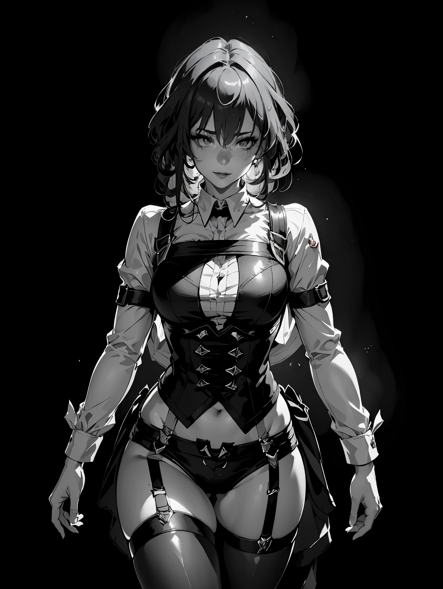(best quality, 4k), (ultra details ayes), epic realistic, Kafka character, honkai star rail , stocking suspenders, anime style, vintage, (black monochrome background) best form, details, jump up, shadow and light, professional photography