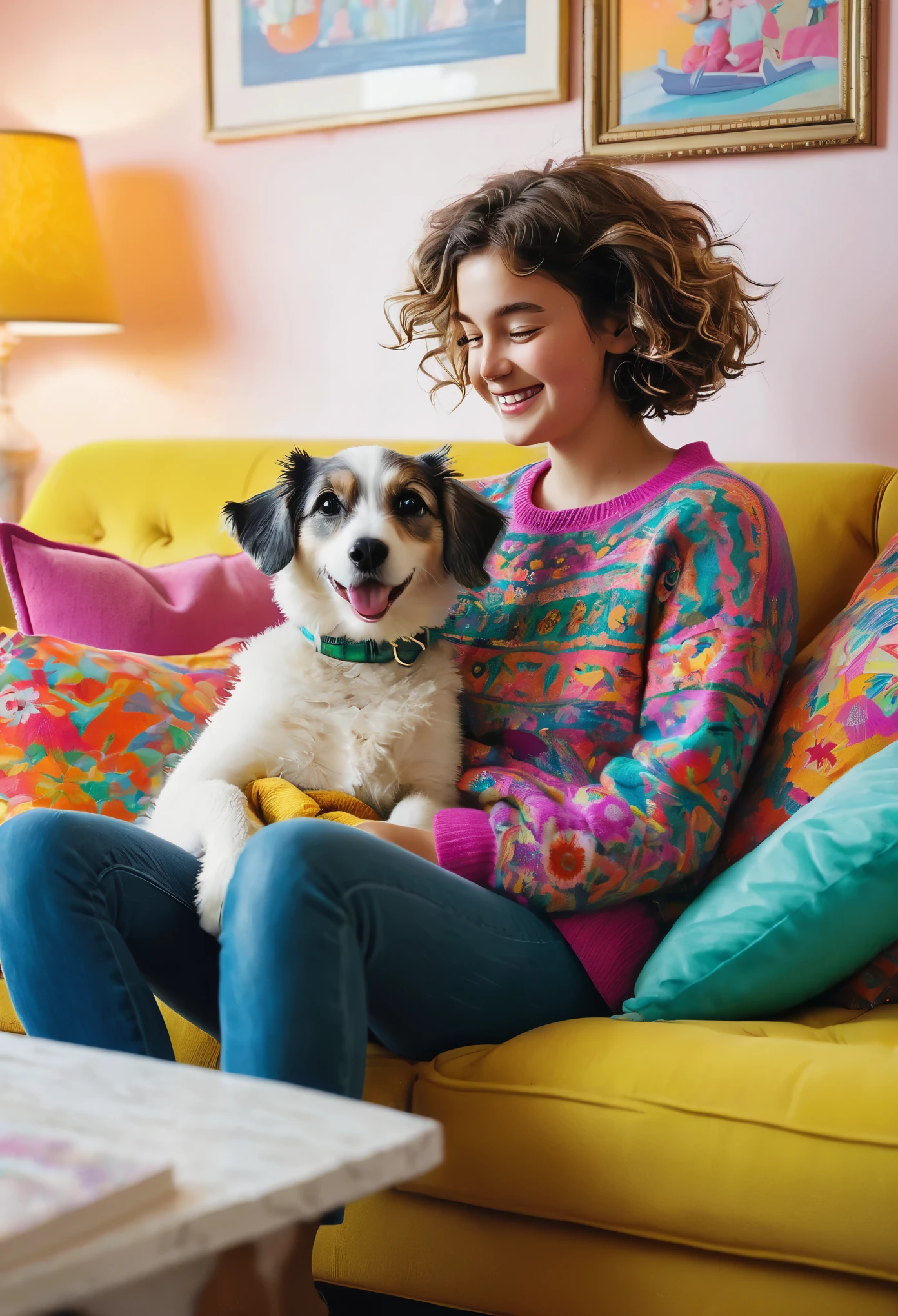 A delightful moment captured in a vibrant illustration, depicting a young girl and her beloved dog perched on a colorful couch. The girl, with short curly hair and wearing a cozy sweater, is sitting cross-legged, her arms wrapped around her dog in a tight embrace. The dog, a small and fluffy breed, is nestled against the girl, their eyes locked in a deep connection. The couch is adorned with bright and patterned cushions, reflecting the girl's playful personality. The room is filled with soft, diffused light, casting a warm glow on the scene. The walls are painted in cheerful pastel colors, adorned with whimsical artwork and framed photographs of the girl and her dog. The room is filled with toys and books, scattered around in a joyful mess. The atmosphere is filled with love and happiness, as the girl and her dog share a special bond in this cozy and vibrant setting. Illustration, digital art, vibrant colors, --ar 16:9 --v 5