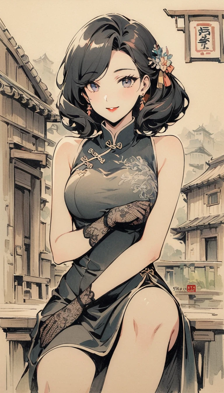 (masterpiece, of the highest quality:1.3), High resolution, (illustration: 1.3), 3, milf, (Beautiful:1.3), medium breasts, (black bob cut;1.1), chinese dress, Akihabara Street, happy smile, Heroine Pose, green eyes, perfect body, 4k