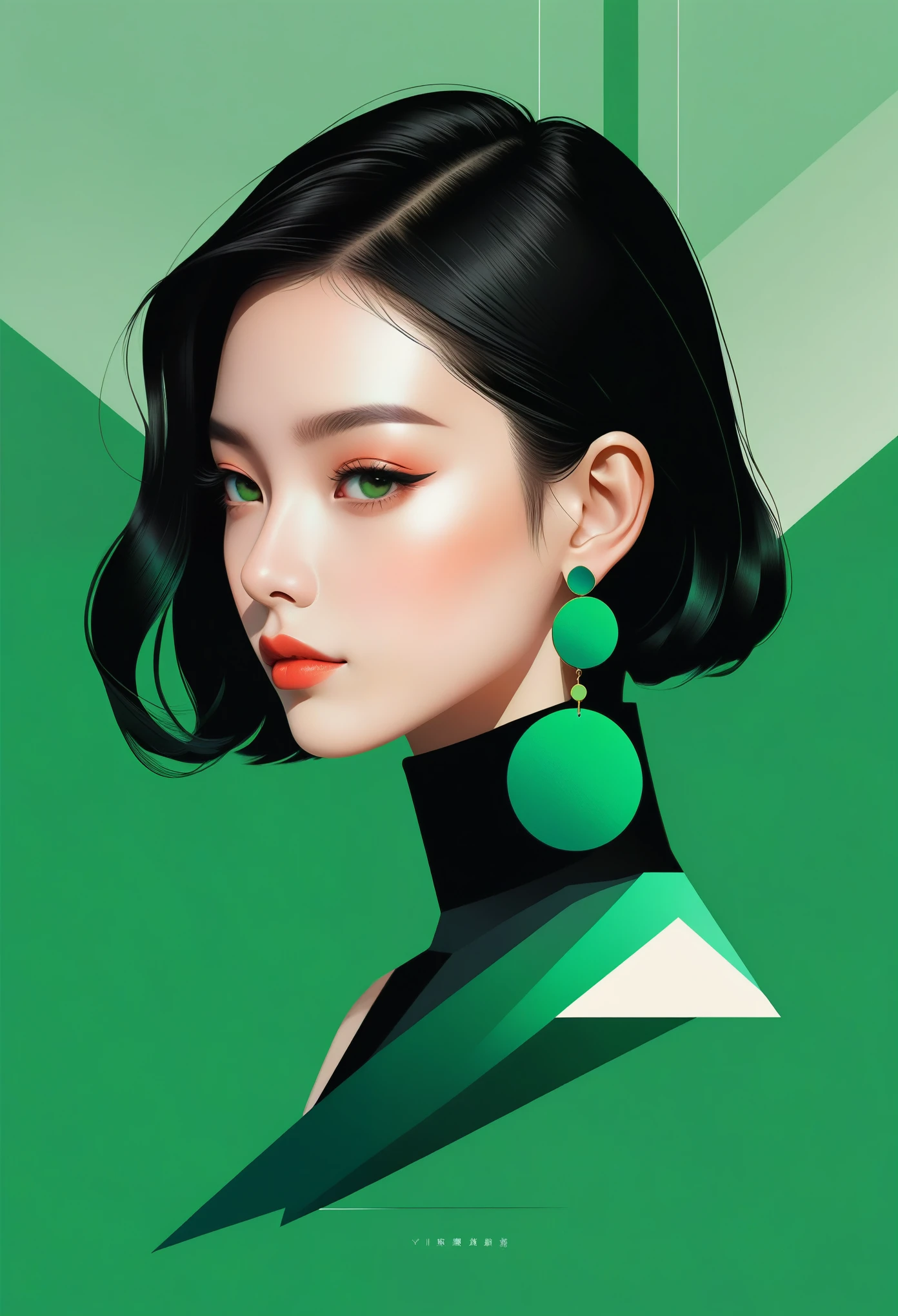 (((vector,flat form style,illustration,数字艺术illustration))),1 girl,Unique,pretty face,earrings,portrait,Shoulder,Black high neck,Geometric gradients,gradient lines,artistic conception,Abstract,Minimalism,minimalist lines,portrait,green