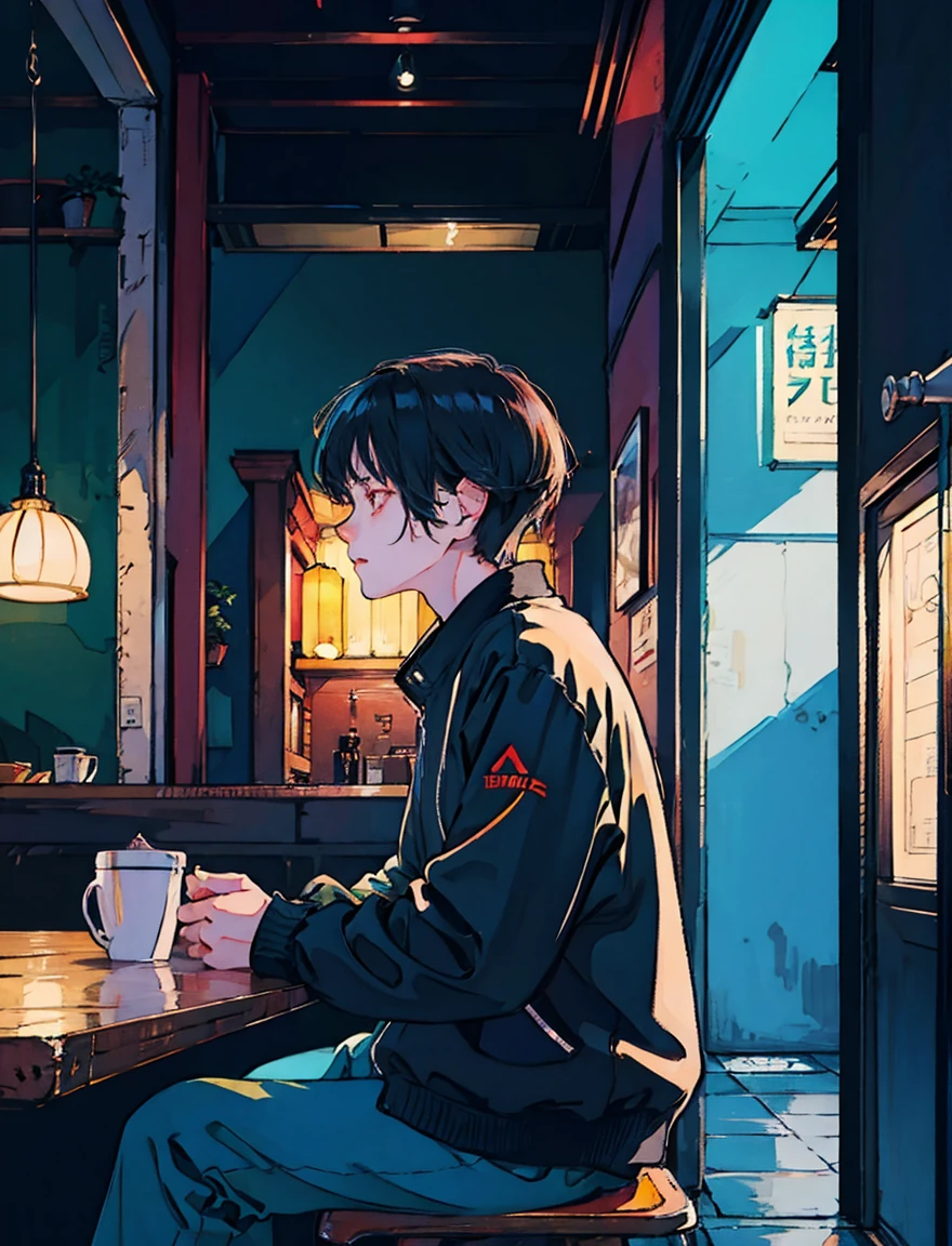A cool and handsome Asian boy with black hair sitting in a cafe at night, visible from the window, perfect face, white shirt、black jacket, neon black, (with backlight: 1.1), hard shadow, masterpiece, highest quality, Complex, model shooting style, vintage, film grain, incomplete details、natural body、profile、A photo taken from a distance、Draw the entire cafe、daily、coffee