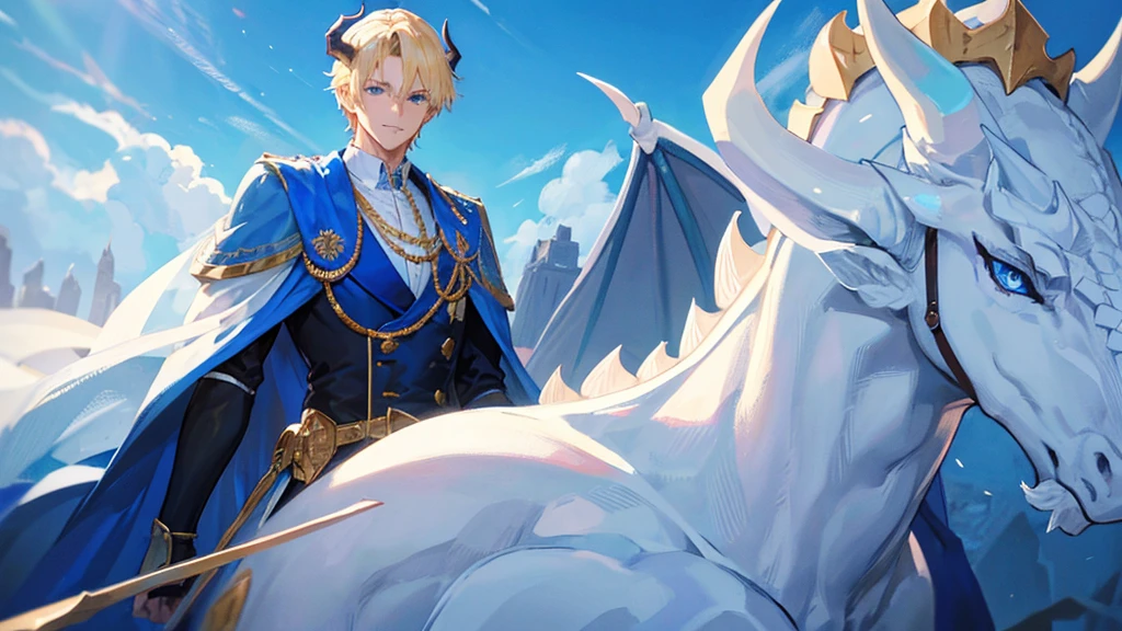 handsome boy, blonde hair, blue eyes, royal blue clothes, white horns, huge dragon surrounding him, 8k resolution, sky