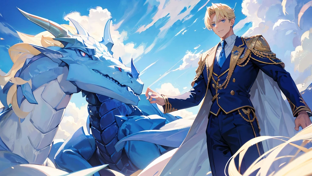 handsome boy, blonde hair, blue eyes, royal blue clothes, white horns, huge dragon surrounding him, 8k resolution, sky