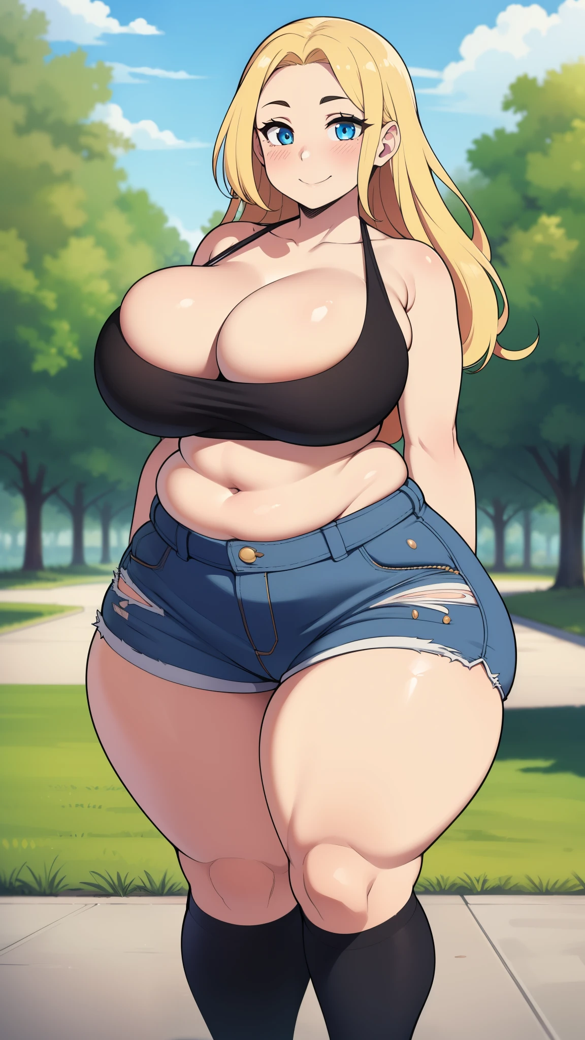 ((highres)), Masterpiece, high quality, best quality, beautiful, perfect lighting, detailed face, ultra cute face, ((1girl)), ((solo), long fluffy blonde hair, blue eyes, ((blush)), seductive smile, looking at viewer, arms behind back, standing in a park, (park), daytime, crop top, shorts, ((thick thighs)), wide hips, cleavage, (large breasts), chubby, 20 year old female,