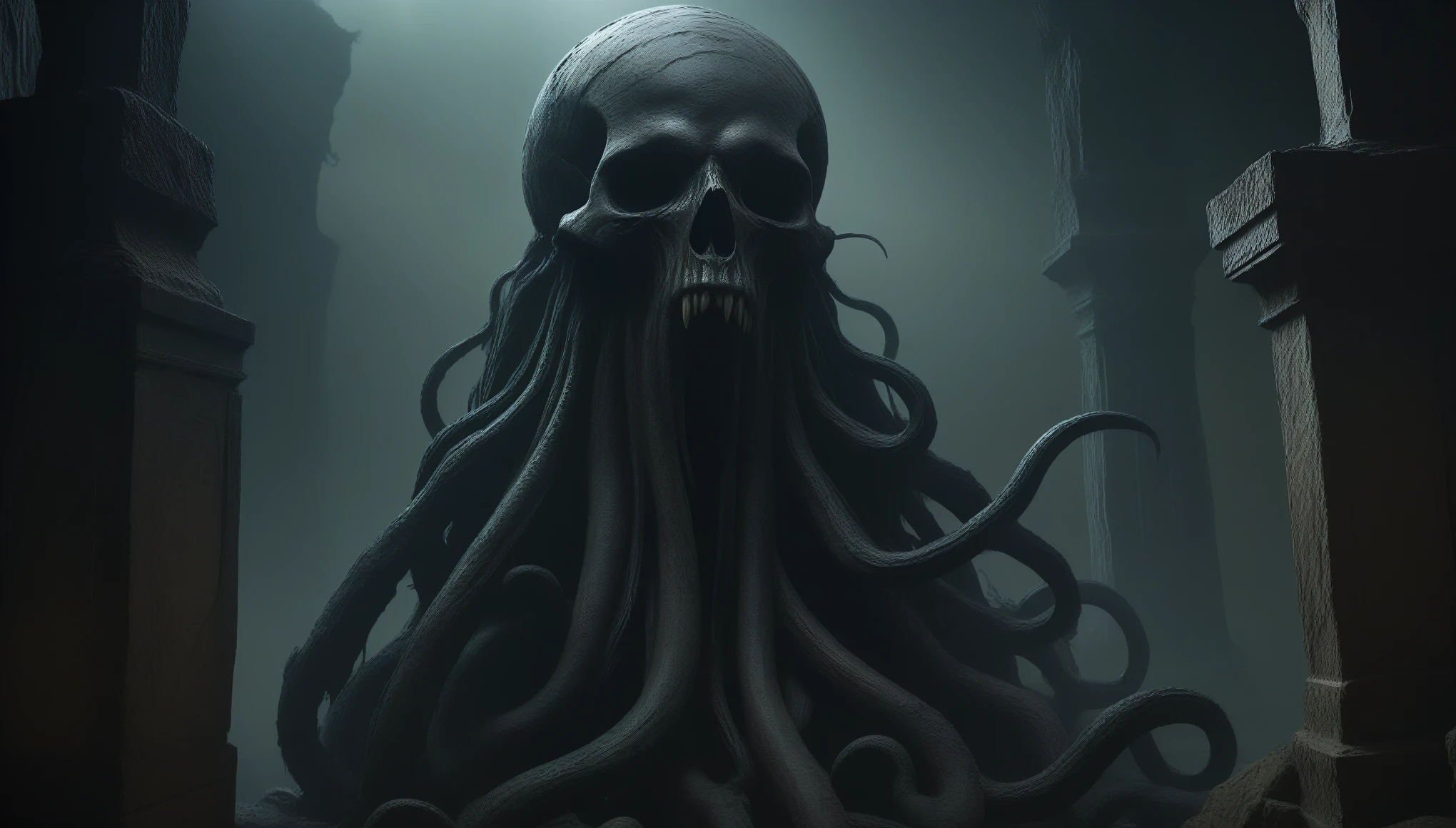 (best quality,4k,8k,highres,masterpiece:1.2),ultra-detailed,(realistic,photorealistic,photo-realistic:1.37),horrifying creature,long tentacles,dark and gloomy atmosphere,eldritch abomination,ominous presence,strange and otherworldly shapes,Egyptian hieroglyphs,mysterious symbols and sigils,cosmic horror,ancient tome,crumbling ruins,surreal landscapes,terrifying monstrosity,unfathomable depths,insanity-inducing,indescribable horrors,surreal and distorted reality,mind-bending visuals,abysmal darkness,eerie and sinister,corrupted flesh and bones,spectral apparitions,dread-filled environment,unearthly entities,maddening whispers,and eerie chanting,nightmarish visage,unholy ritual,obsidian obelisks and statues,dimensional rift,cosmic entities,wormhole,eldritch-inspired architecture,unseen horrors lurk in the shadows,vivid and contrasting colors,distorted and melting forms,suffocating dread,apocalyptic scenery,ancient cosmic knowledge,eerie glow,forbidden tomes,reality-warping phenomena,transformative experiences,unfathomable secrets.