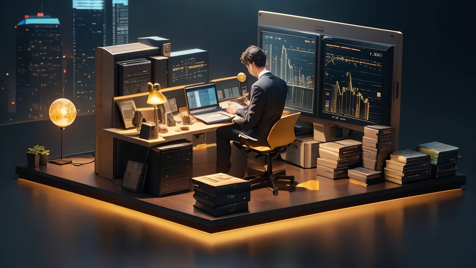 This picture is full of the atmosphere of financial technology,Shows a scene focused on investment and market analysis。The center of the picture is a focused figure,He is sitting at a modern desk.,My eyes are fixed on the computer screen in front of me.。The computer screen shows a clear stock curve chart,Lines fluctuate,Vibrant Colors,Reflects the dynamic changes in the market and real-time fluctuations in stock prices。This shows that the characters are paying close attention to market trends,Find investment opportunities。
Around the computer,Lots of gold coins scattered around,These gold coins may be physical collectibles,It may also be a virtual decoration,They symbolize wealth and successful investing.。The luster and texture of gold coins give people a real and direct feeling of wealth,Strengthens the fact that the financial industry is closely related to money。
There are also models of landmark buildings in Hong Kong and Singapore on the desk.,These exquisite models not only show the prosperity of the two centers,It also suggests that the characters may be paying attention to or investing in the financial markets of these two regions.。The fine craftsmanship of the model and the details of the iconic building,Victoria Harbour in Hong Kong、Marina Bay Sands in Singapore, etc.,Adds a sense of atmosphere to the picture。
In general,This picture uses the character's posture、Stock chart on screen、Gold coins around and landmark building models on the desktop,Together we built a professional、Image of a focused and visionary financial investor。The colors of the picture may be mainly cold colors.,Such as blue and gray,These colors are often associated with finance、Technology and professionalism are linked,Create a calm analysis、Rational decision-making work environment。also,The light in the picture may be focused on the person and the screen,Further emphasizes the characters' attention and investment in the financial market。, 3 d render bipur, digital art rendering, computer rendering, bipur rendering, Pre-rendered isometric graphics, bipur. octane rendering, Stylized 3D rendering, Isometric 8k, 3d rendering digital art, Isometric 3d rendering