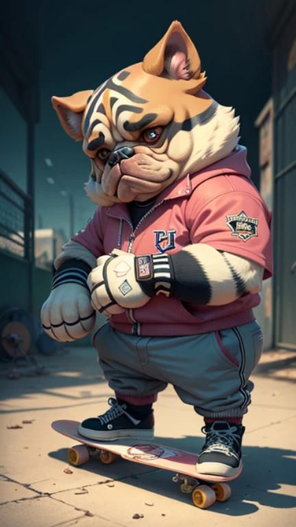 C4tt4stic, Cartoon pink bulldog wearing baseball uniform and skateboard