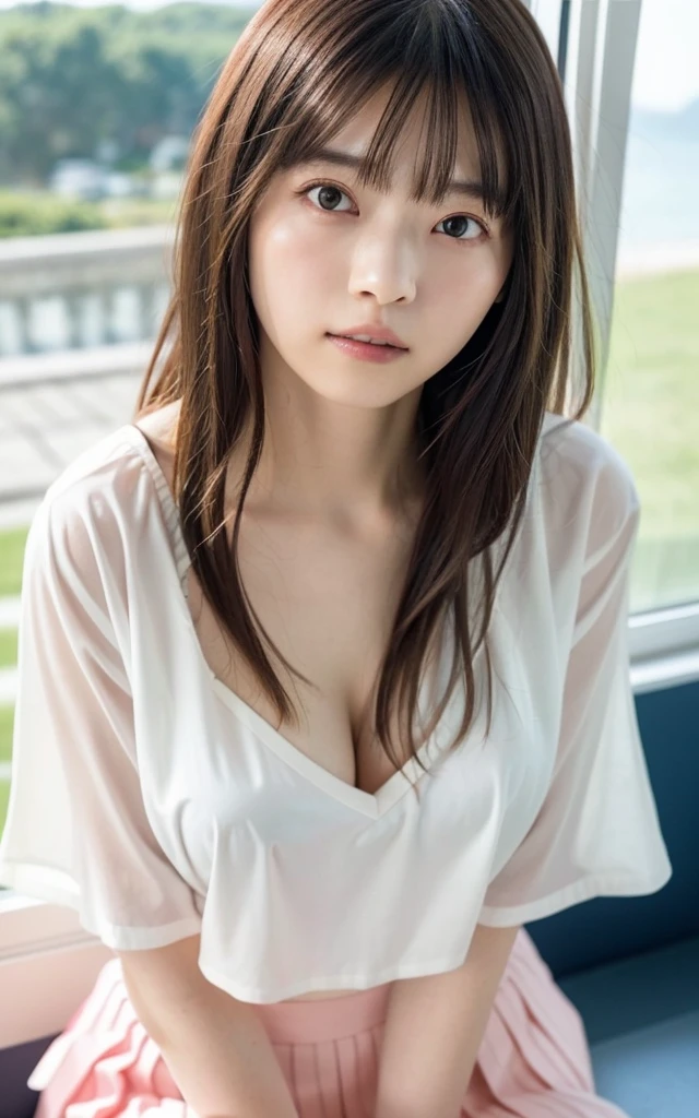 highest quality, 16k, 1 girl, , Raw photo, Depth of the bounds written、professional photography, soft light, professional lighting, alone, 笑face, close, face, close, cute, girly, goddess, delicate girl, pure beauty, Digital single-lens reflex camera, avert your eyes, Frank, Sophisticated, film grain, (目とfaceの詳細:1.0), long hair swaying in the wind, bangs, (White loose blouse、pink bra、The skin is transparent:1.2)、(navy pleated skirt:1.2)、(big breasts:1.4)、(cute hanging eyes)、(Seaside Office)、(You can see the ocean from the window)、(I'm sitting by the window:1.0)、(You are operating a computer:1.0)