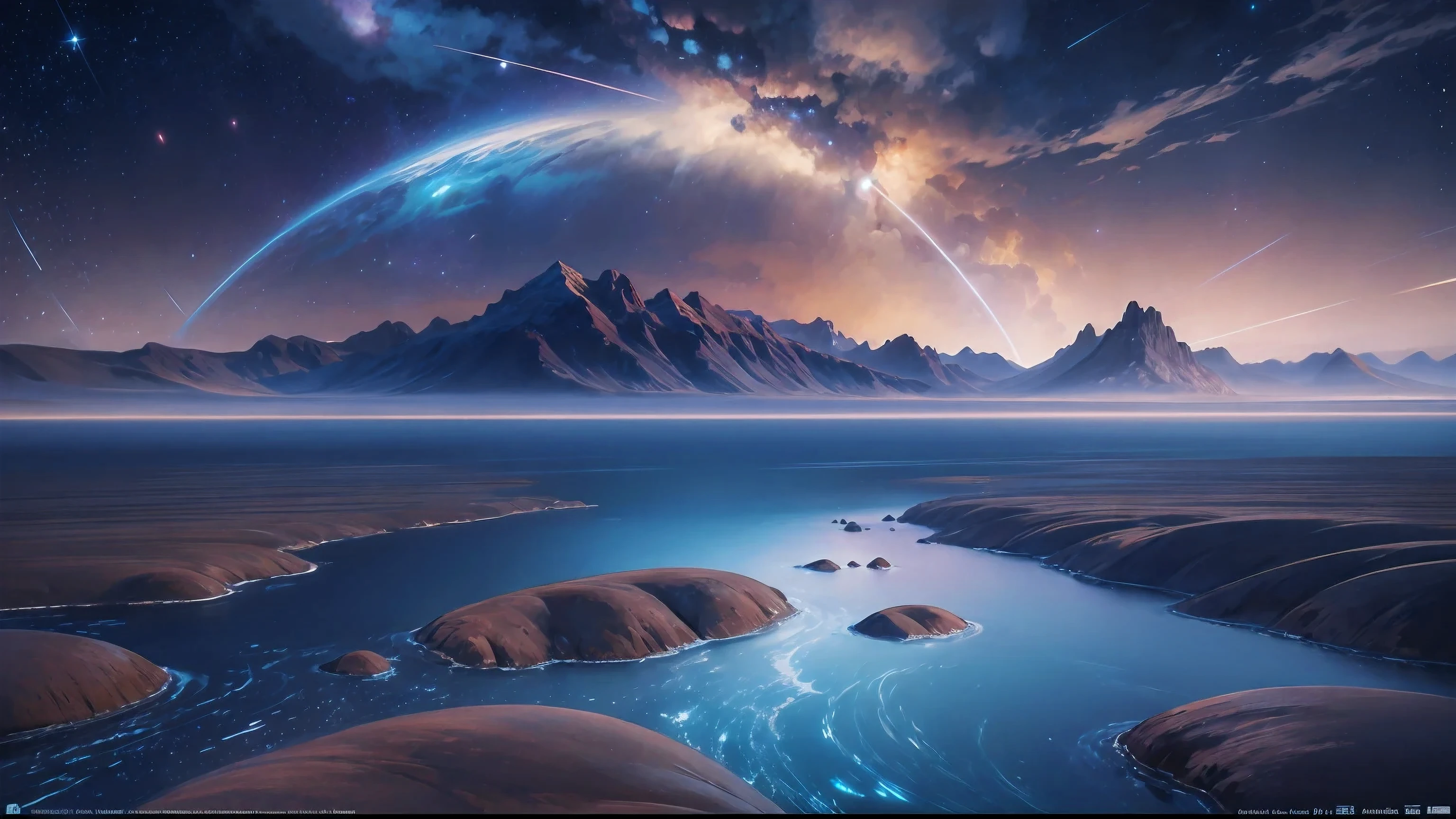 ((8K))，The bottomless blue sea，Starry sky with rivers and distant milky ways, galactic landscape, epic beautiful space scifi, cosmos sem fim no fundo, high detailed digital art, Space landscape