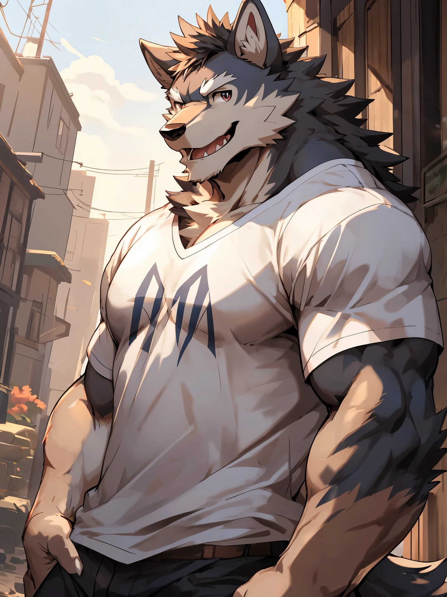 (2d cel anime:1.5),half body shot,looking at viewer, (best quality:1.3), (masterpiece:1.3), (ultra detailed:1.5),(detailed eyes),sharp focus,japanese anime,manga,(droopy eyes),(anthro male:1.3),(wolf:1.2),smile,open mouth,huge muscular,(beefy:1.2),(big fellow),tall,(wide shoulder width),((cool T-shirt)),large thigh,(by null-ghost:0.9),by lindong