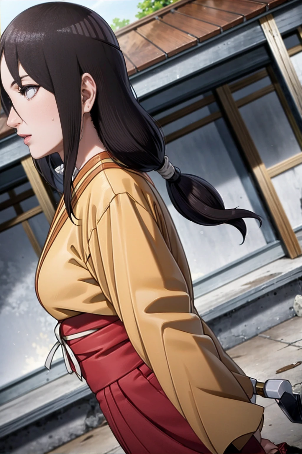 tmasterpiece, hoang lap , (Complicated details), (rich colourful), movie lighting, bust, the Extremely Detailed CG Unity 8K Wallpapers , Hinata flower ratio, 1girll, solo, orange kimono, Red hakama skirt, obi strip, Wide sleeves, looking at viewert, Keep one's mouth shut, ventania, Combat posture, Low hair tied long,