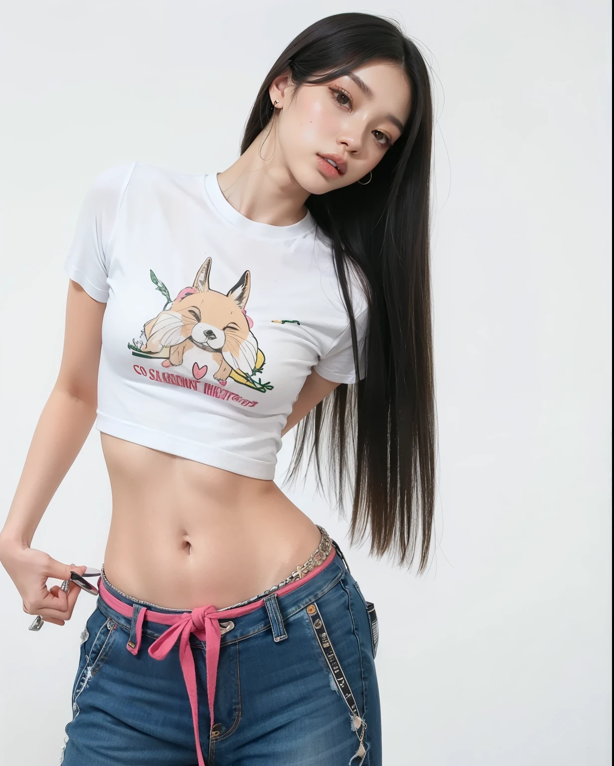 Araffe  com cabelo longo vestindo uma camisa branca e jeans, foto de garota magra model, Jennie blackpink, parque roseanne de blackpink, modelo de moda feminina coreana, jossi do blackpink, Heonhwa Choe, gongbi, foto de garota magra, com camiseta rasgada, usando tops curtos, camisa kawaii e jeans