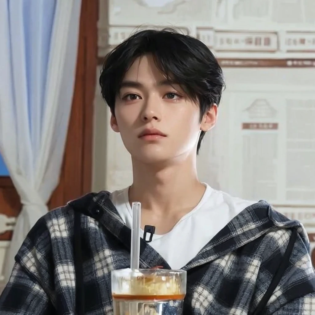 hombre arafed con una camisa a cuadros sosteniendo una bebida en un vaso, kim doyoung, daoshi, kim taejin, Jung Jaehyun, Shin Jeongho, hyung tae, con pelo corto, diez lee, inspirado en Kun Can, exclusivo, young pale angel, taken in the early 2020s, pale korean adorable face kpop boy korean face boy