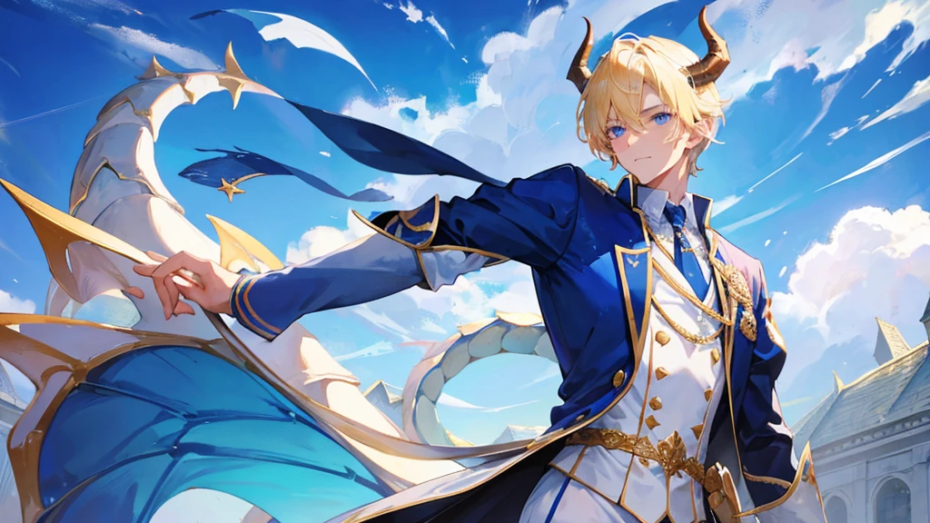 handsome boy, blonde hair, blue eyes, royal blue clothes, white horns, dragon behind him, 8k resolution, sky