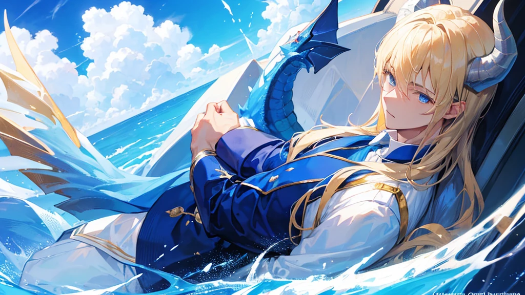 handsome boy, blonde hair, blue eyes, royal blue clothes, white horns, dragon behind him, 8k resolution, sky