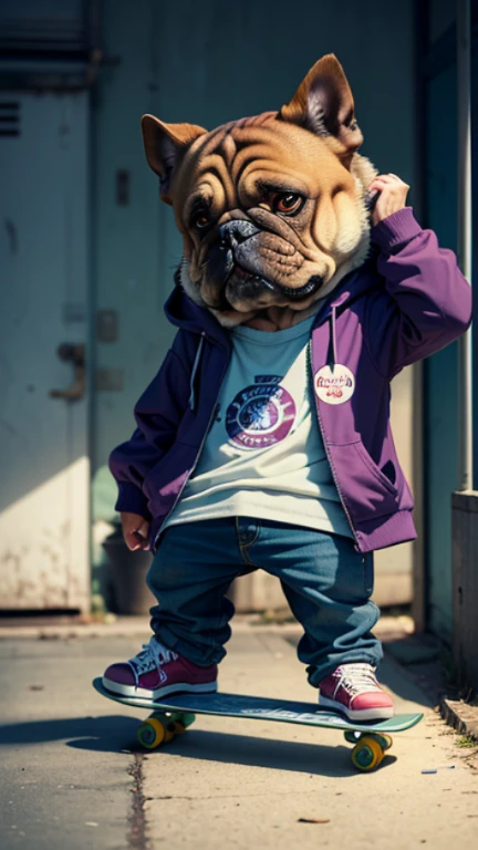 C4tt4stic, Cartoon purple bulldog wearing work clothes and skateboard