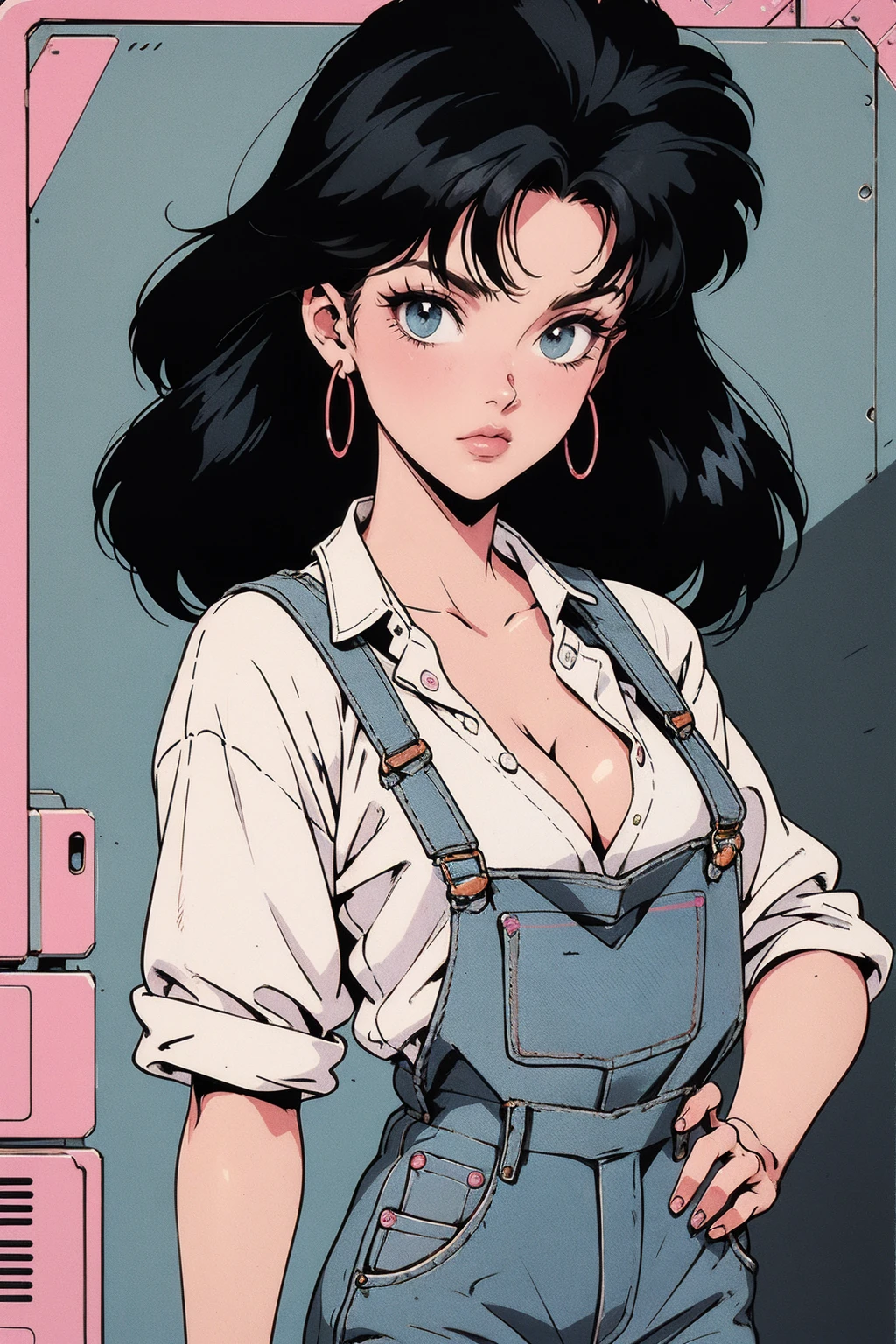 anime girl, 90s anime, vintage classic anime aesthetic, pink overalls, white shirt, short overalls, long black hair, cleavage, dinamic poses