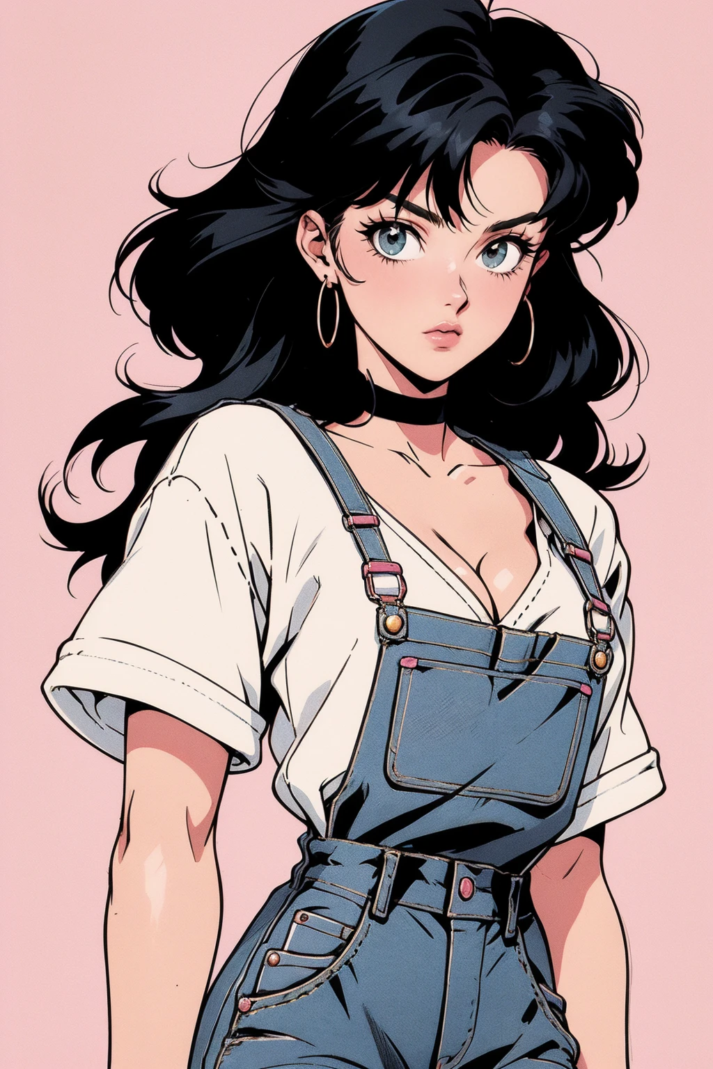 anime girl, 90s anime, vintage classic anime aesthetic, pink overalls, white shirt, short overalls, long black hair, cleavage, dinamic poses