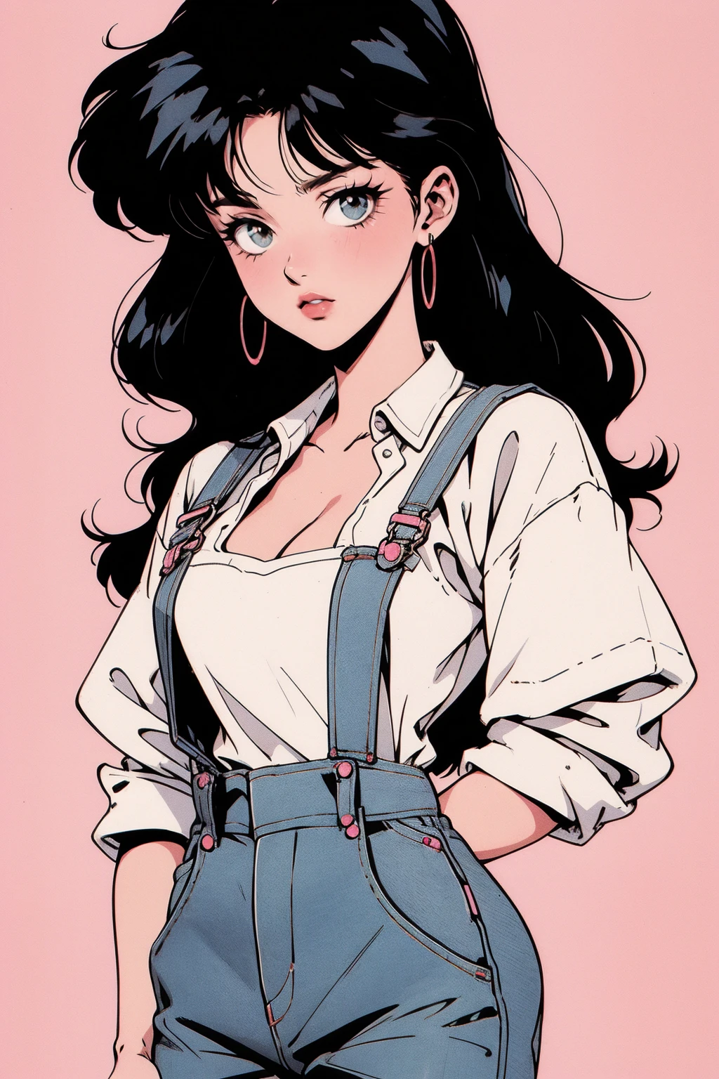 anime girl, 90s anime, vintage classic anime aesthetic, pink overalls, white shirt, short overalls, long black hair, cleavage, dinamic poses