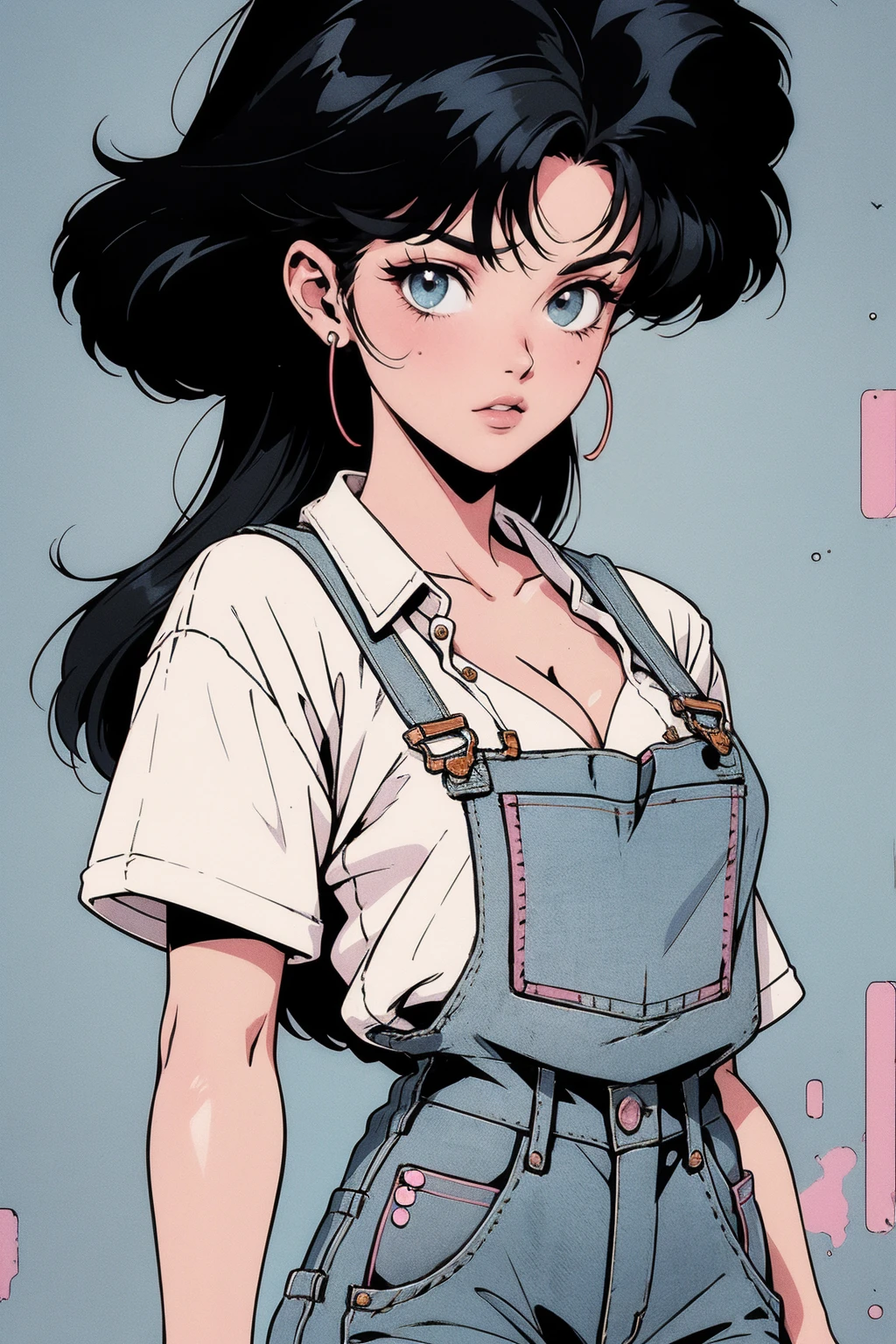 anime girl, 90s anime, vintage classic anime aesthetic, pink overalls, white shirt, short overalls, long black hair, cleavage, dinamic poses