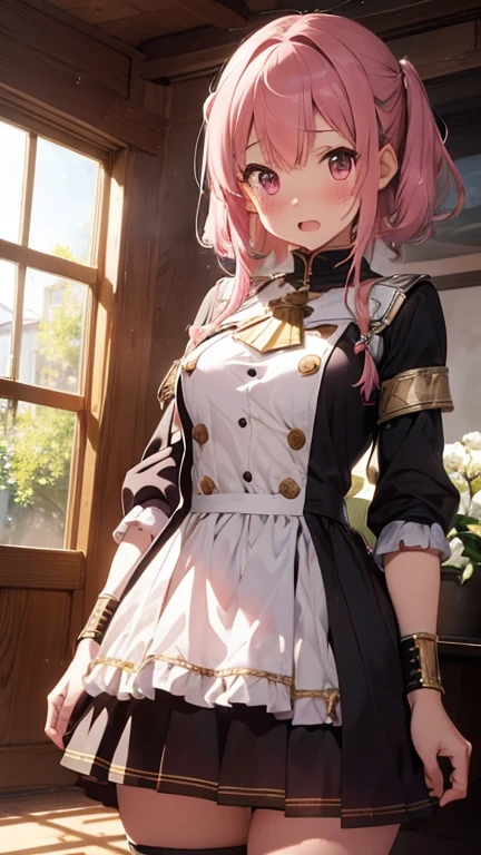 mastute piece,Best Quality,insanely detailed,8k cg,nsfw,
shoot upper body,(body in front:1.1),1girl,standing,looking at viewer,(knight,white breast plate,gold decoration),sword,BREAK,blush,shy,ecstasy face,gasping,(trembling:1.2),pink hair,break,open mouth,(grassland:1.2),
