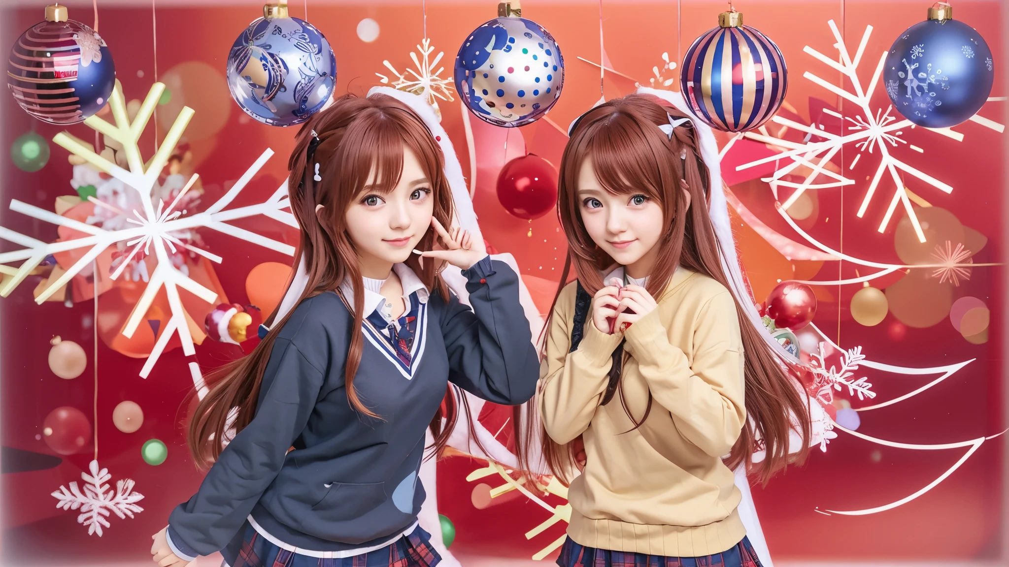 two anime girls with christmas decorations in the background, two beautiful anime girls, identical twin sisters, ecchi anime style, twins, cute anime style, (anime girl), anime moe artstyle