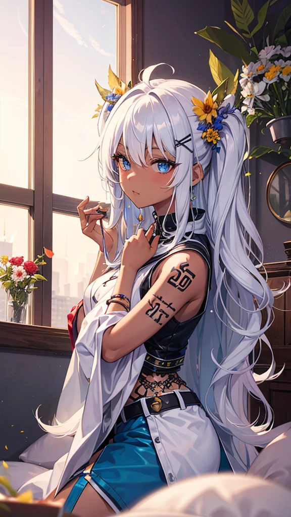 masterpiece, best quality, ultra detailed, highres,8k,BREAK,20 years old,girl,20_years_old, girl,(((dark_skin))),((tribal_tatoo)),
(wavy hairs),(messy hair),(asymmetry bangs),(multicolored hair), 
Tsurime Eyes, (((blue eyes))),
(Depth and Dimension in the Pupils,Meticulous Eyelash Details),
((flower hair ornament)),(short-pants),