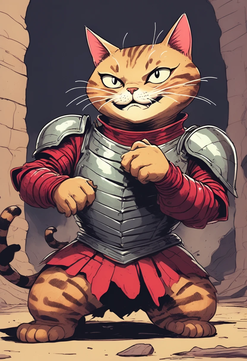 illustrate hyper maximal, intense, strange, a wordless, single image with unhinged, ridiculous, cartoonish, excessive, contorted, skewen hilarity postmeme expression, visually hilarious, cohesive, conveying overwhelming joy, overjoyed, cel animation, distorted contorted proportions of rotoscoped Tabby chonky cat wearing crimson knight armor outfit in expressive John Kricfalusi hand drawn art style, with threatening aura, disgustingly cool, vile boogie dancing, spooky, skewed,
