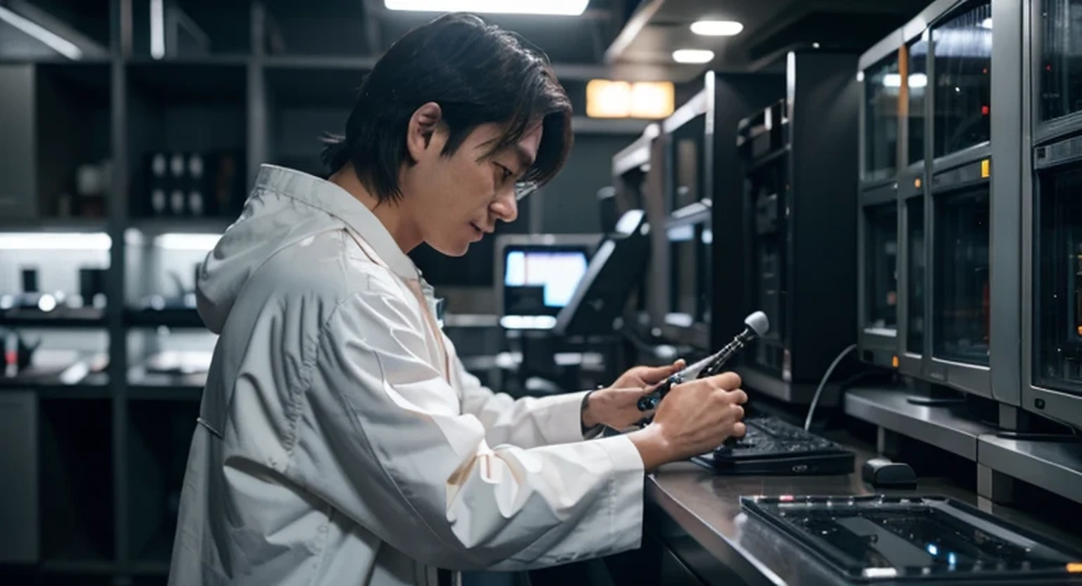 Japanese scientist man with white scientist coat, holding a piece of science fiction technology, he is in a high-tech laboratory, many Japanese scientists, holographic screens, many metal cables and tubes, servers and computers, 4k, Ultra detailed image, realistic , Highly detailed, perfect composition, splendid, Intricately detailed, Incredibly detailed, 8 k artistic photography, hyper detailed, Masterpiece, Ultra detailed, Hyperrealistic, 4k, Ultra detailed image, realistic, Highly detailed, perfect composition, splendid, Intricately detailed, Incredibly detailed, 8K fine art photography, hyper detailed, Masterpiece