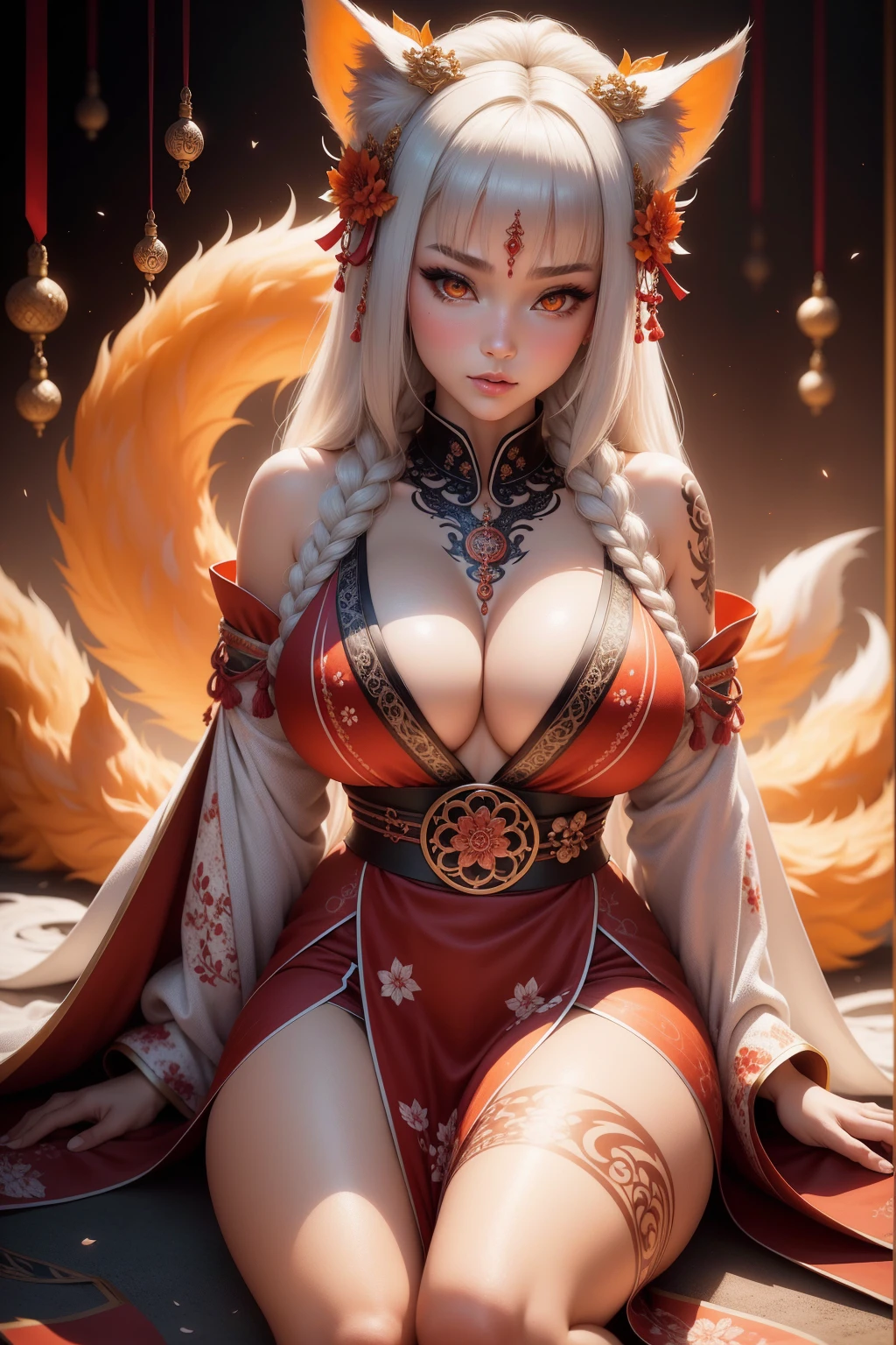 REALISTIC VISION 1.4, BETTER VAE,sharp focus, ultra detail, 32k,realistic photo, intricate details, kitsune, intricate details ,woman, nine tails,intricate details,intricate details,big , Voluptuous body, intricate details, Miko,clothes long white dress with red details intricate details,tattoos intricate details,full body, orange eyes, sitting on the ground, on the side,