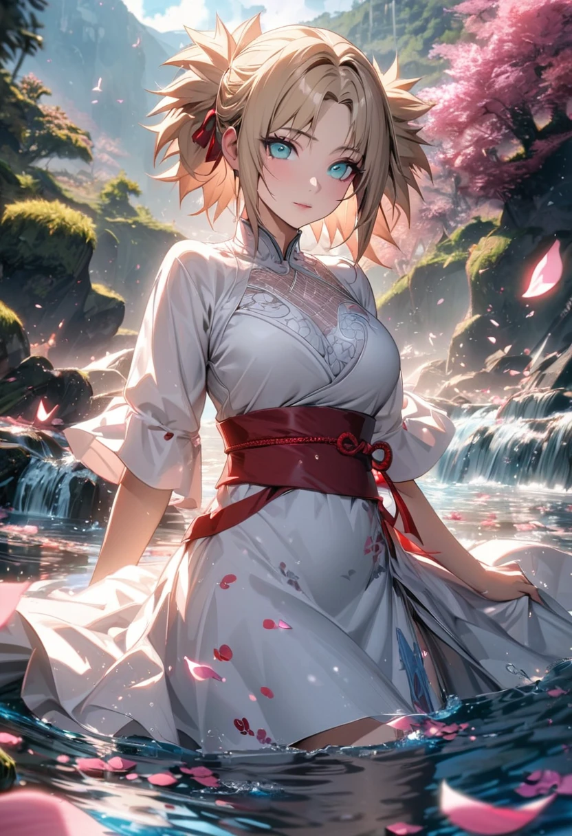 Ultra detailed, Highres, absurdres, HDR, Temari, ash blonde hair, teal eyes, Naruto Shippuden, flowers and pink petals, pink butterflies, water, extremely beautiful, 1 woman only, white dress, red ribbon on her waist,