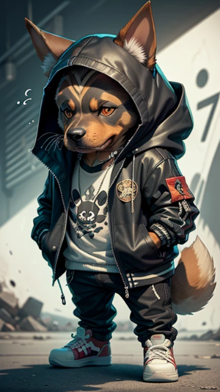 C4tt4stic, wearing jacket、Cartoon Doberman dog on skateboard（Body hair is black、Doberman Pinscher appearance details）