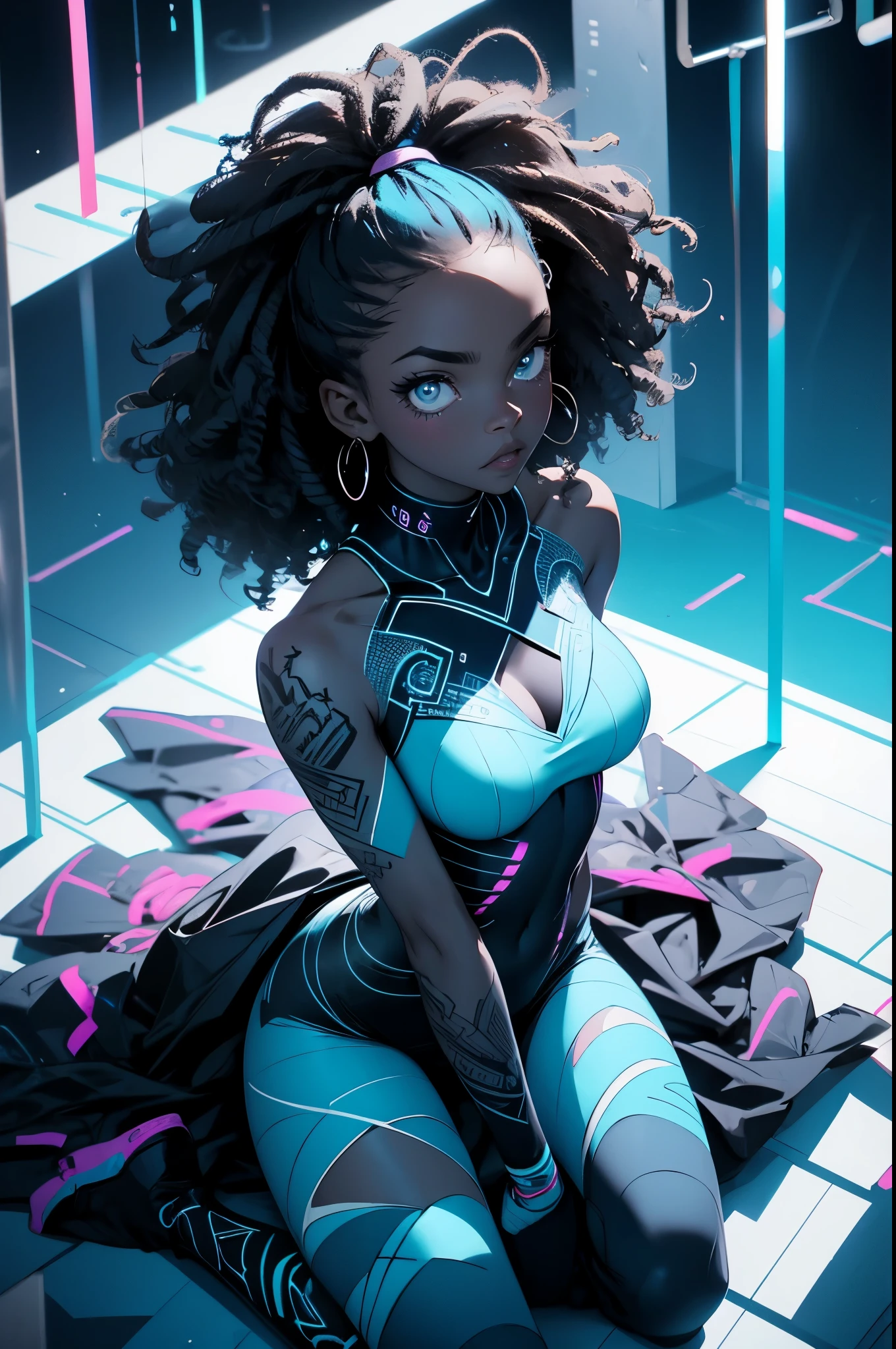 We see her from Bird's-eye view shot of black woman dressed in blue body suit kneeling while looking up at the viewer, her body covered in neon white African tattoo designs, African tattoo designs glowing in the dark, she has blue eyes and curly hair, surrounded by neon lit African pots and sculptures in semi curve shape, dark room lit by the neon lights providing a blue and white colour grading