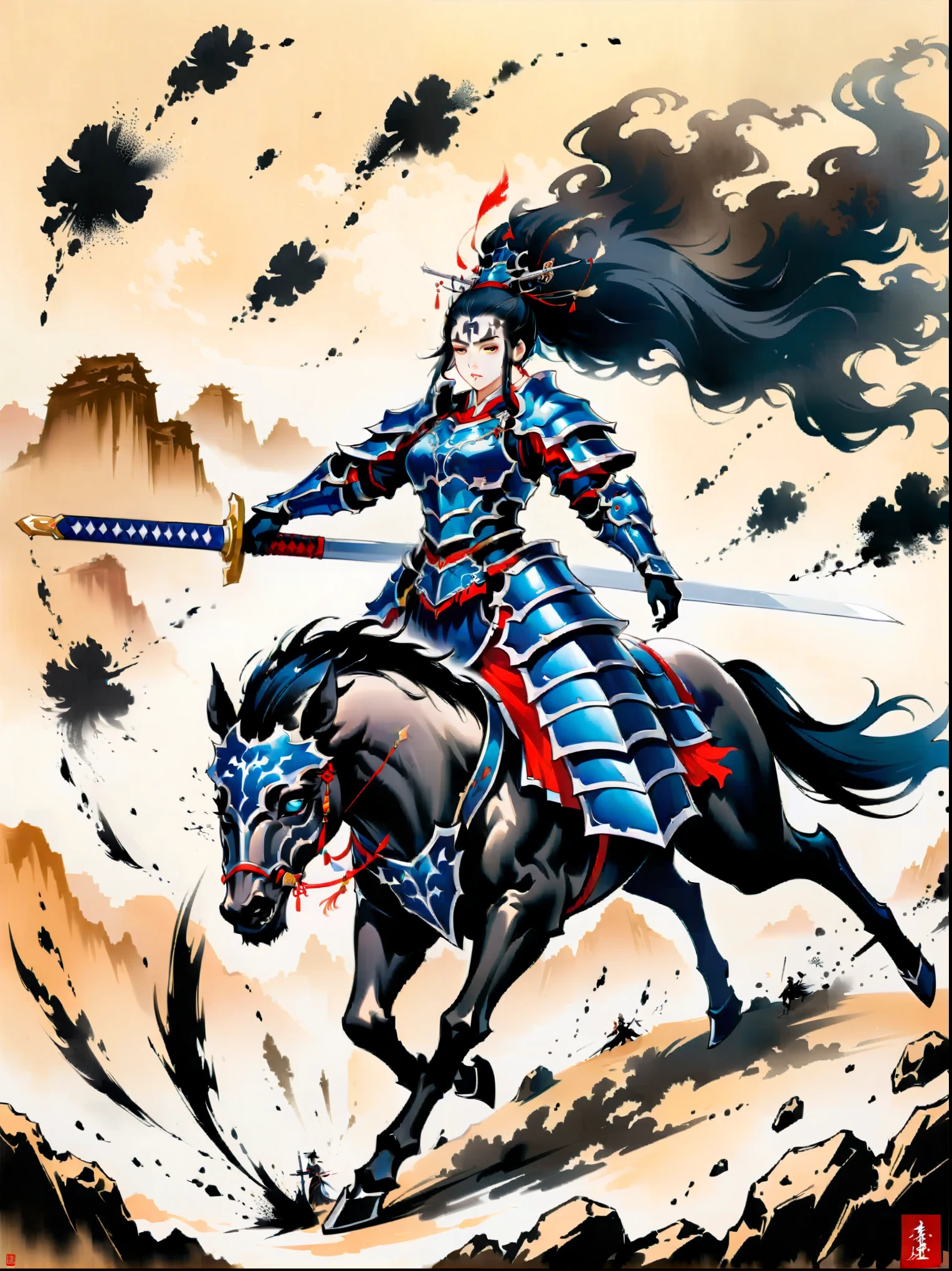Ink painting,((imagine)),((whole body)),((Beautiful woman wearing dark blue Warring States armor)), (Anatomically correct and precise facial structure, detailed facial depiction, and delicate facial features),on a black horse, 机械手臂握着长sword, A desert behind you,sword,Flying sand and rocks, Ink martial arts style, (anatomically correct),Ultra HD resolution,Freehand style,majestic,Natural light,(first-person view, masterpiece, ccurate, anatomically correct, high details, best quality, 8k)