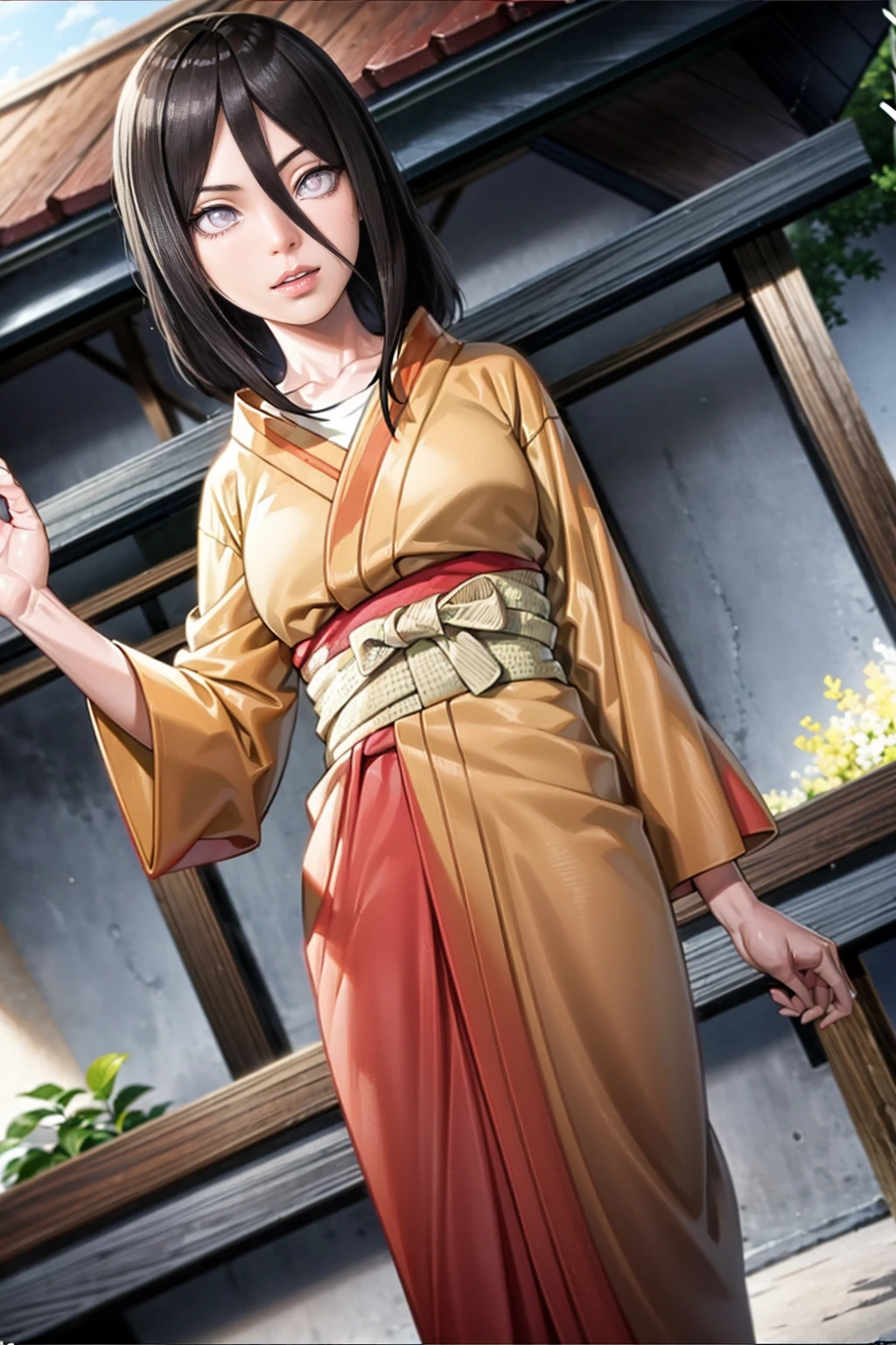 tmasterpiece， hoang lap ， （Complicated details）， （rich colourful）， movie lighting， bust， the Extremely Detailed CG Unity 8K Wallpapers ， Hinata flower ratio， 1girll， solo， orange kimono， Red hakama skirt， obi strip， Wide sleeves， looking at viewert， Keep one's mouth shut， ventania， Combat posture， Low hair tied long，dinamic poses