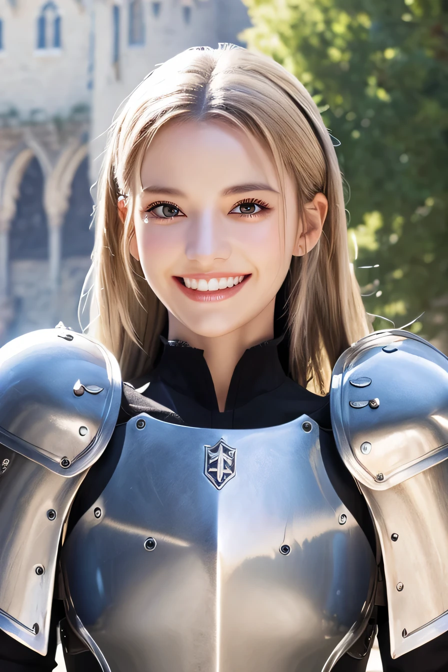 highest resolution, 4k, masterpiece: 1.3),female knight、 sexy, fine eyes, slender body shape, realistic teeth, double eyelid, full body, highest quality, be familiar with, equipped with armor, in a fantasy world, The background is a castle、smile、beautiful teeth、white woman、blue eyes、luxurious silver armor