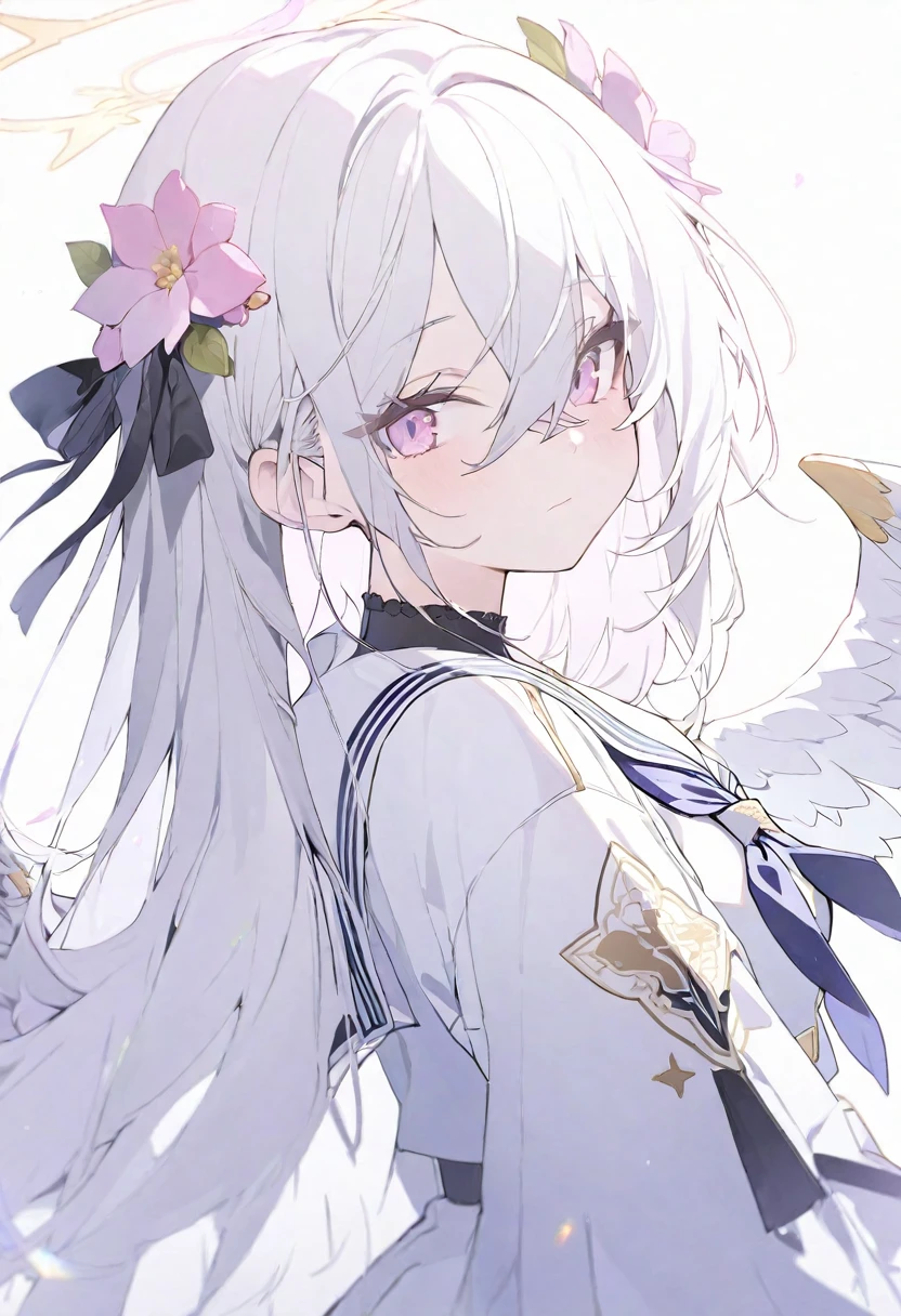 blue_archive azusa_(blue_archive) absurdres highres 1girl angel_wings breasts closed_mouth dress flower hair_between_eyes hair_ornament halo jacket long_hair neckerchief pink_eyes small_breasts white_background white_hair wings