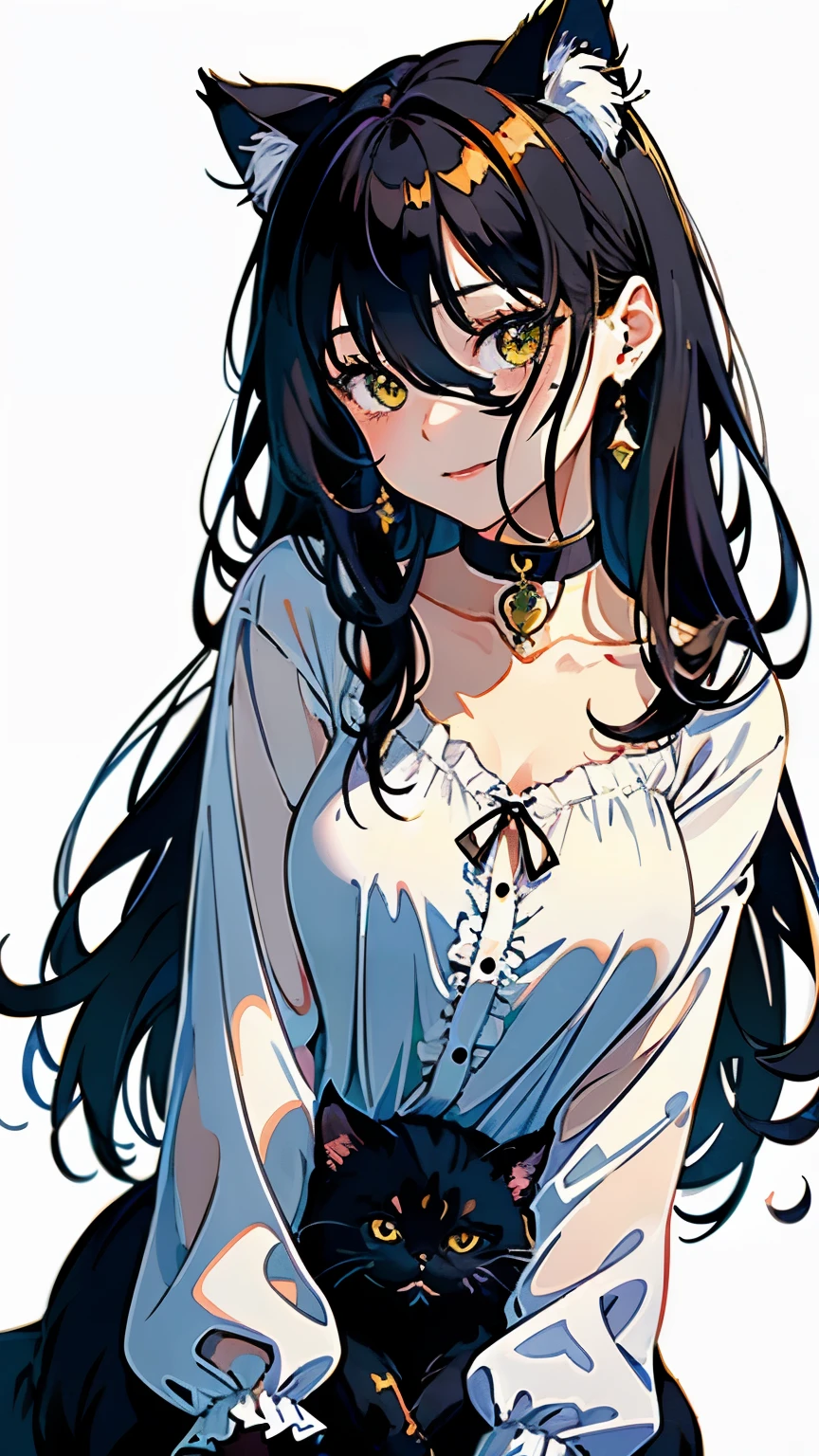 (highest quality, masterpiece, High resolution)、(anime art)、,cinematic light、soft light、girl、black hair、(Persian Cat Costume)、(loose shirt blouse)、Cat ear、medium long hair、hair ornaments、choker、enchanting smile、Medium chest、(cat pose)、Cat jarashi、((white background))、