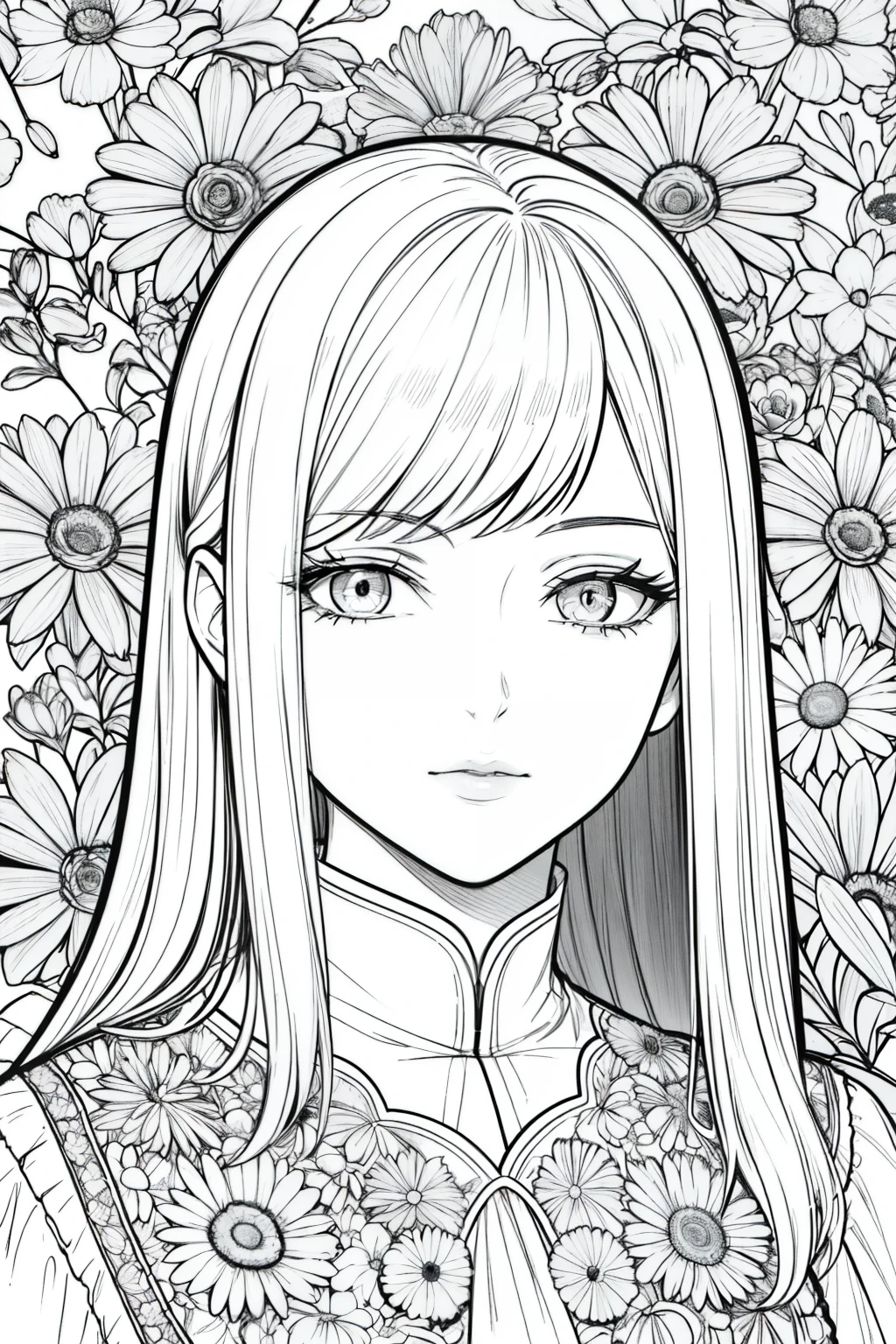 best quality, high resolution, detailed background, high contrast, 1 girl, close-up of the head, floral background, clean line drawings, black and white drawing