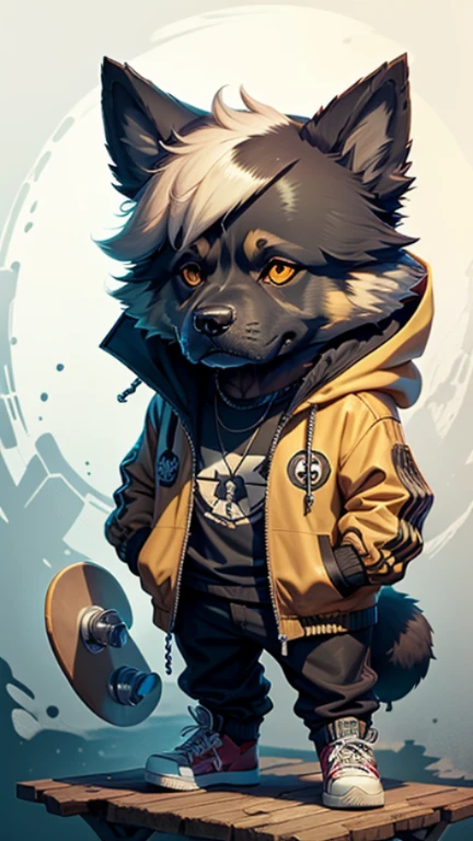 C4tt4stic, Cartoon German Shepherd wearing jacket and skateboard（Body hair is black、German Shepherd Appearance Details）