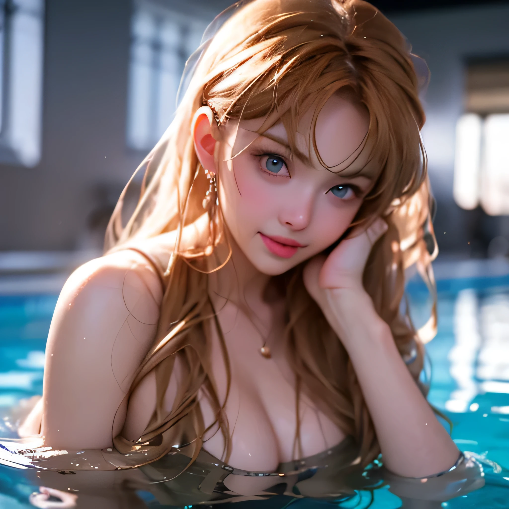 8K,highest quality, table top, Super detailed, 超A high resolution, realistic, Raw photo, absurd, absolute resolution, 1 girl, alone,young beautiful japanese woman, super cute face, luxurious appearance, big breasts , smile、 double eyelids in both eyes, natural makeup, long eyelashes, Shiny and smooth light brown long bob hair, asymmetrical bangs, shiny skin, center image, High resolution, high detail, detailed hairstyle, detailed face, great movie lighting, Super realistic, perfect limbs, perfect anatomy、very big o cup breasts、well-shaped chest 、silky shiny skin、sexy,very beautiful nice face、Cute gorgeous face、gorgeous blonde silky hair、pale blue eyes、Bangs swaying in front of the face、A beautiful and cute 20-year-old woman、big and full breasts、she spreads her legs wide and flaunts、very big breasts、Plump、super glamor、Are fat、bigfoot、big body、Chubby、beautiful thighs、Chubby weighs 120 kg、Fat guy、nude、Showing her big ass、crawling on all fours、beautiful butt、I'm showing my ass here,school pool、clear water、clear water、luxury pool、hotel pool